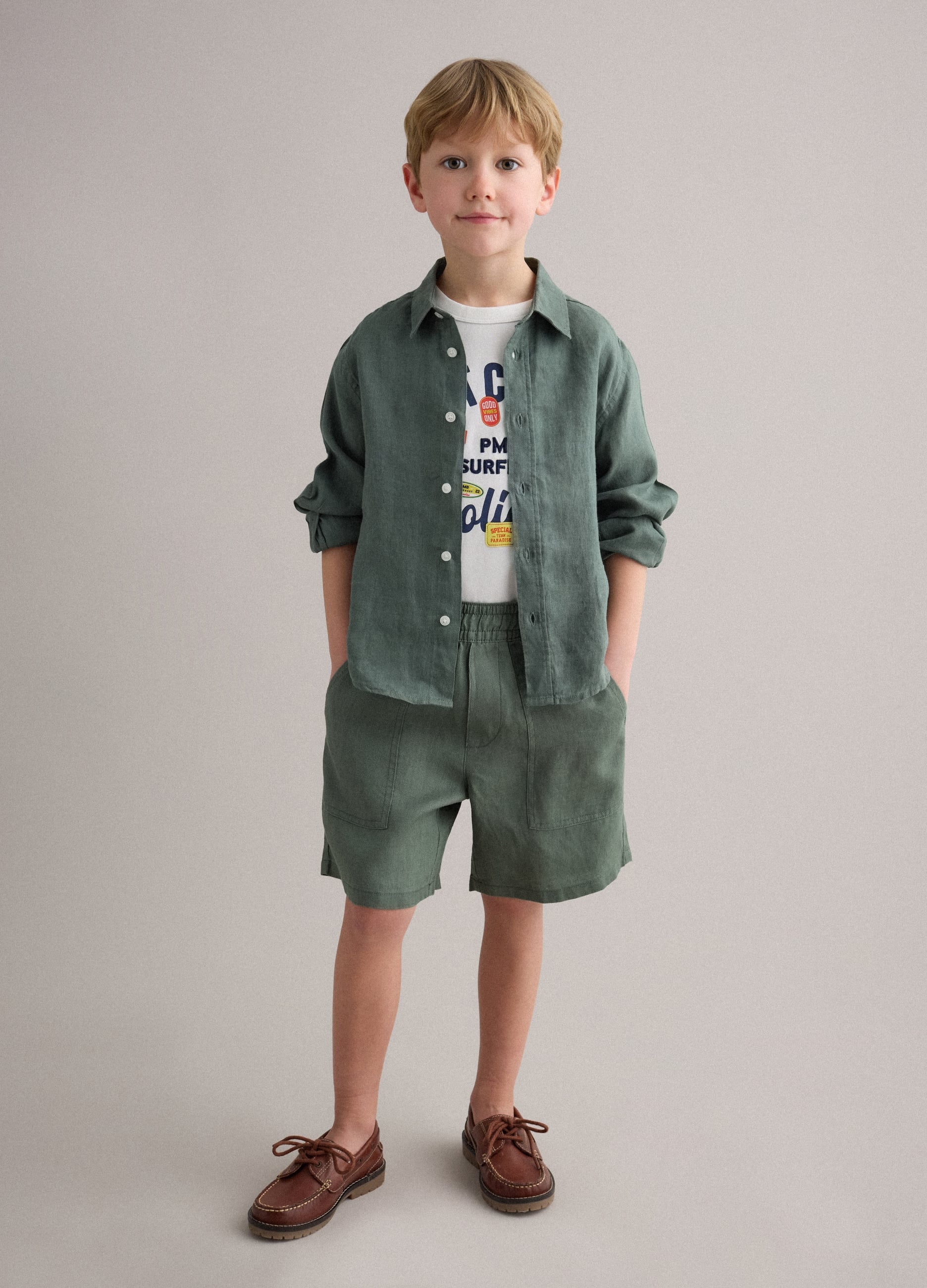 Shorts Cargo In Puro Lino Verdi Da Bambino Baggy Fit