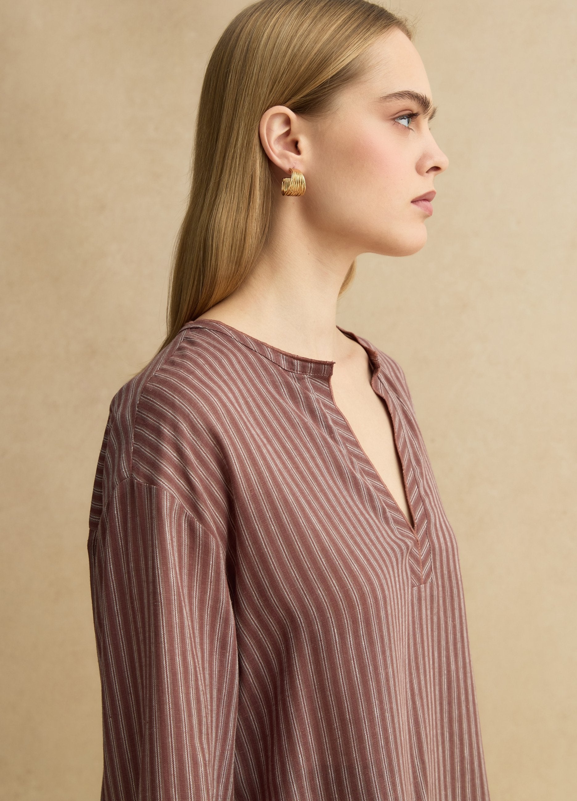 Camicia In Misto Lino A Righe Multicolor Regular Fit Con Collo Coreano