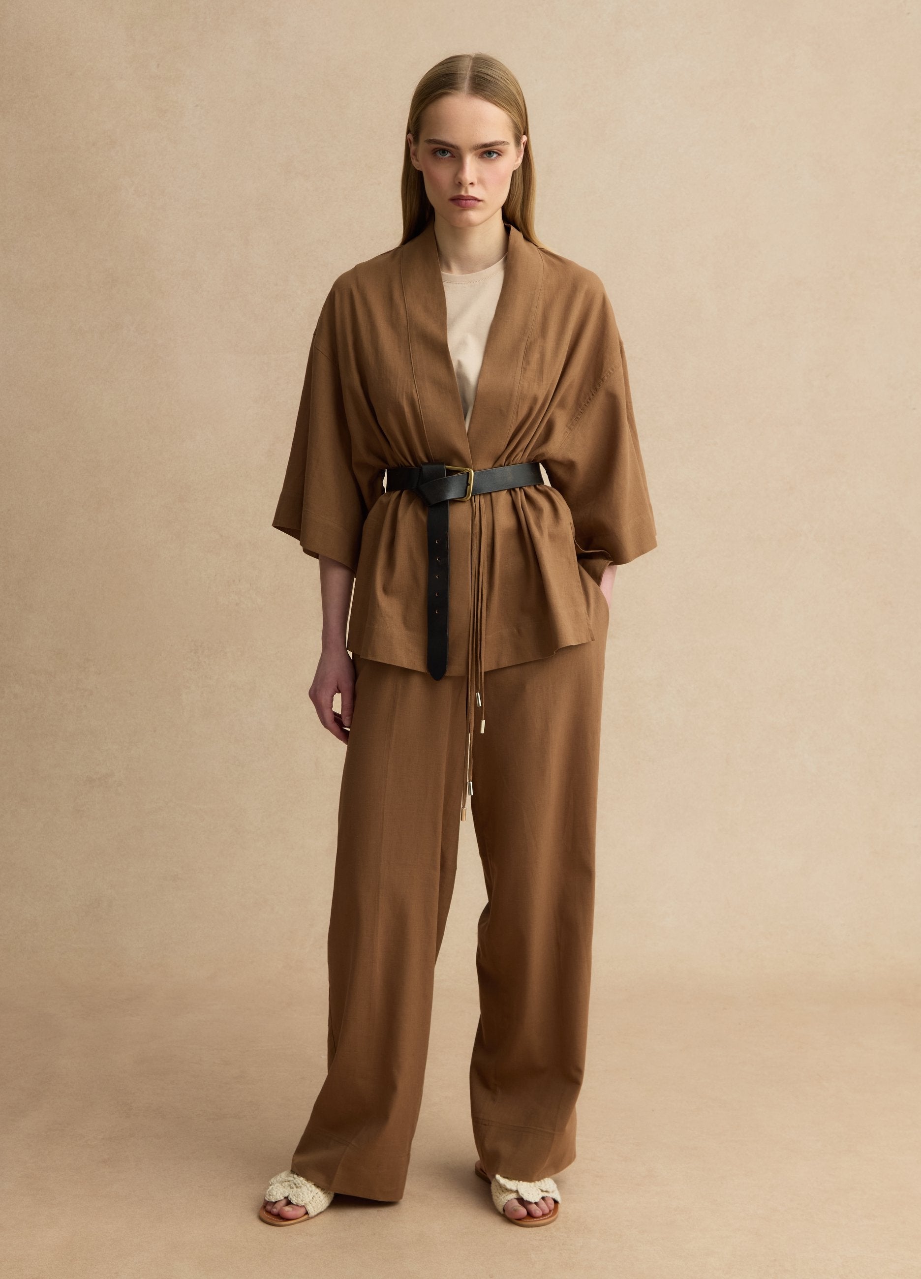 Blazer In Misto Lino Marrone Regular Fit Con Lacci