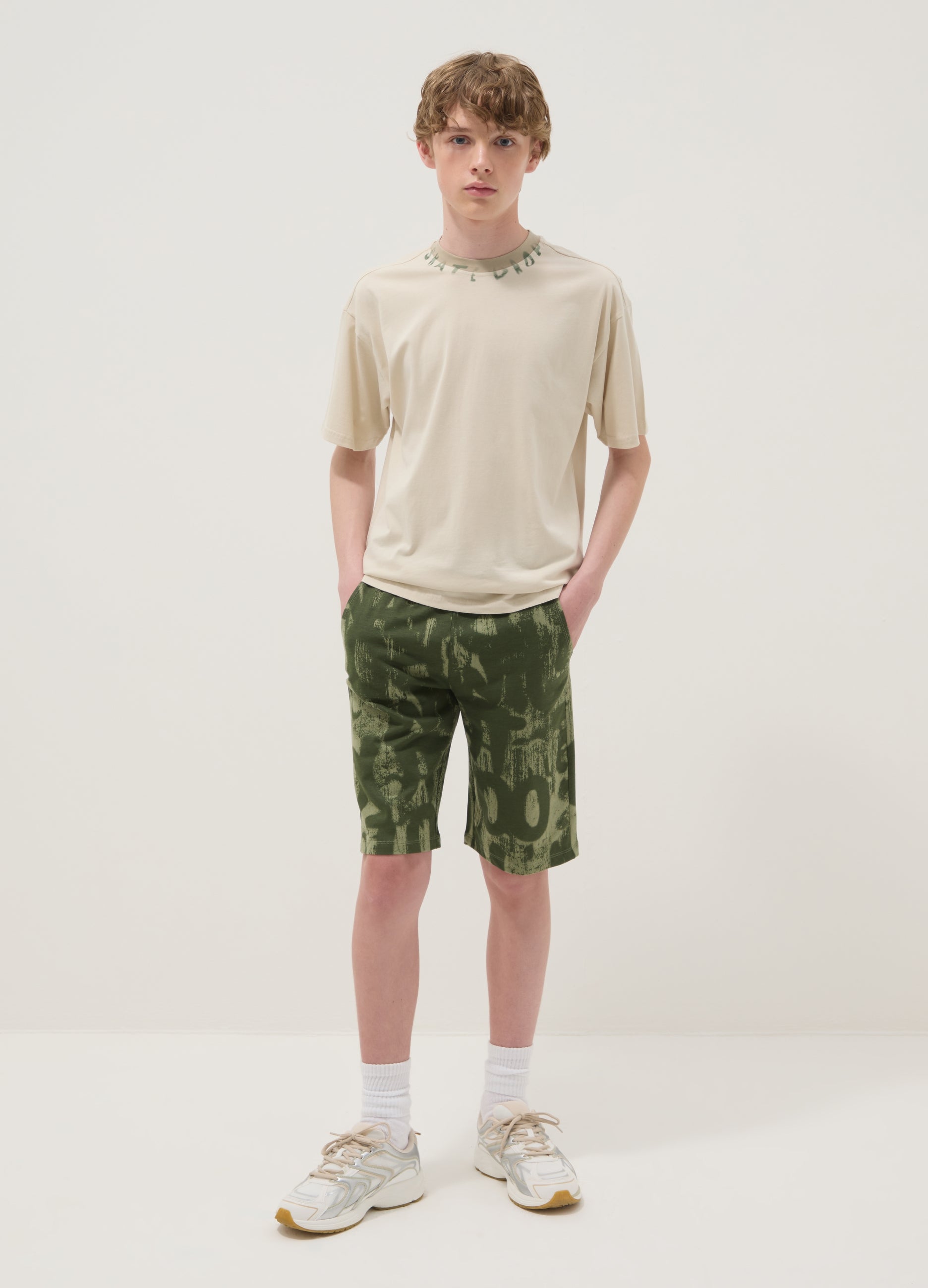 Shorts In Puro Cotone Con Stampa Verde Da Ragazzo Regular Fit