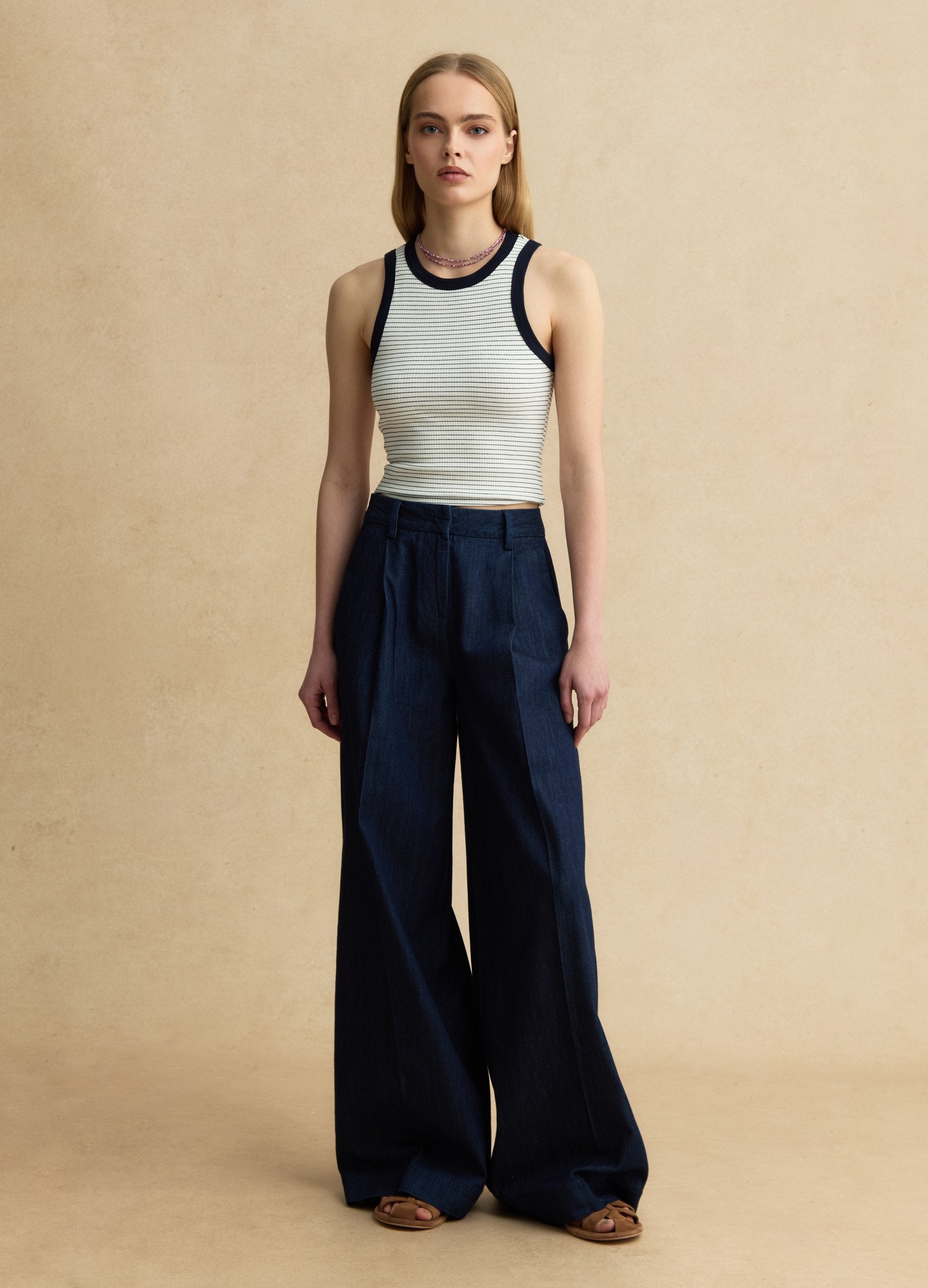 Pantaloni In Puro Cotone Denim Blu Wide Leg