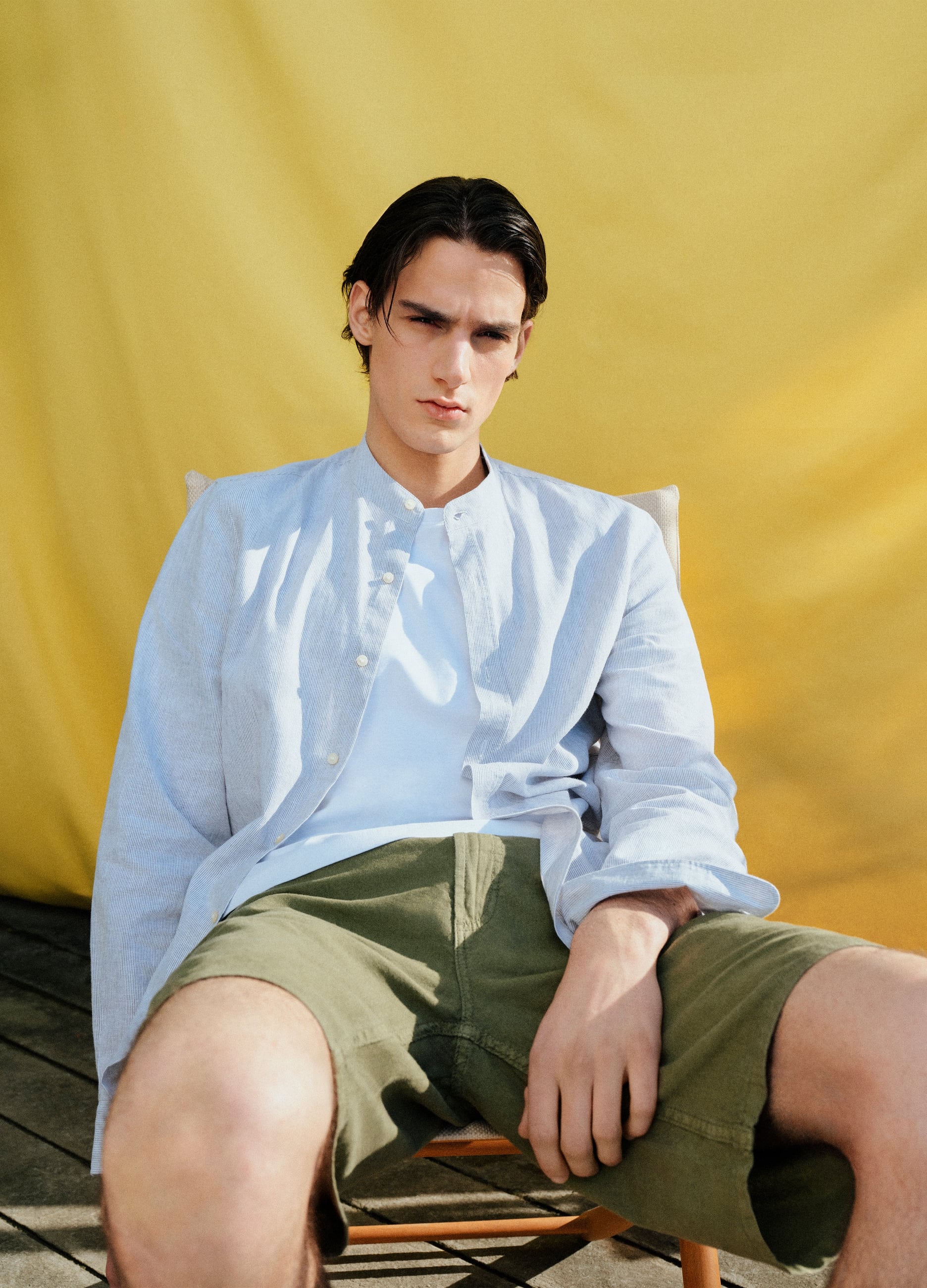 Camicia A Righe Multicolor Con Collo Alla Coreana In Misto Lino E Cotone Regular Fit