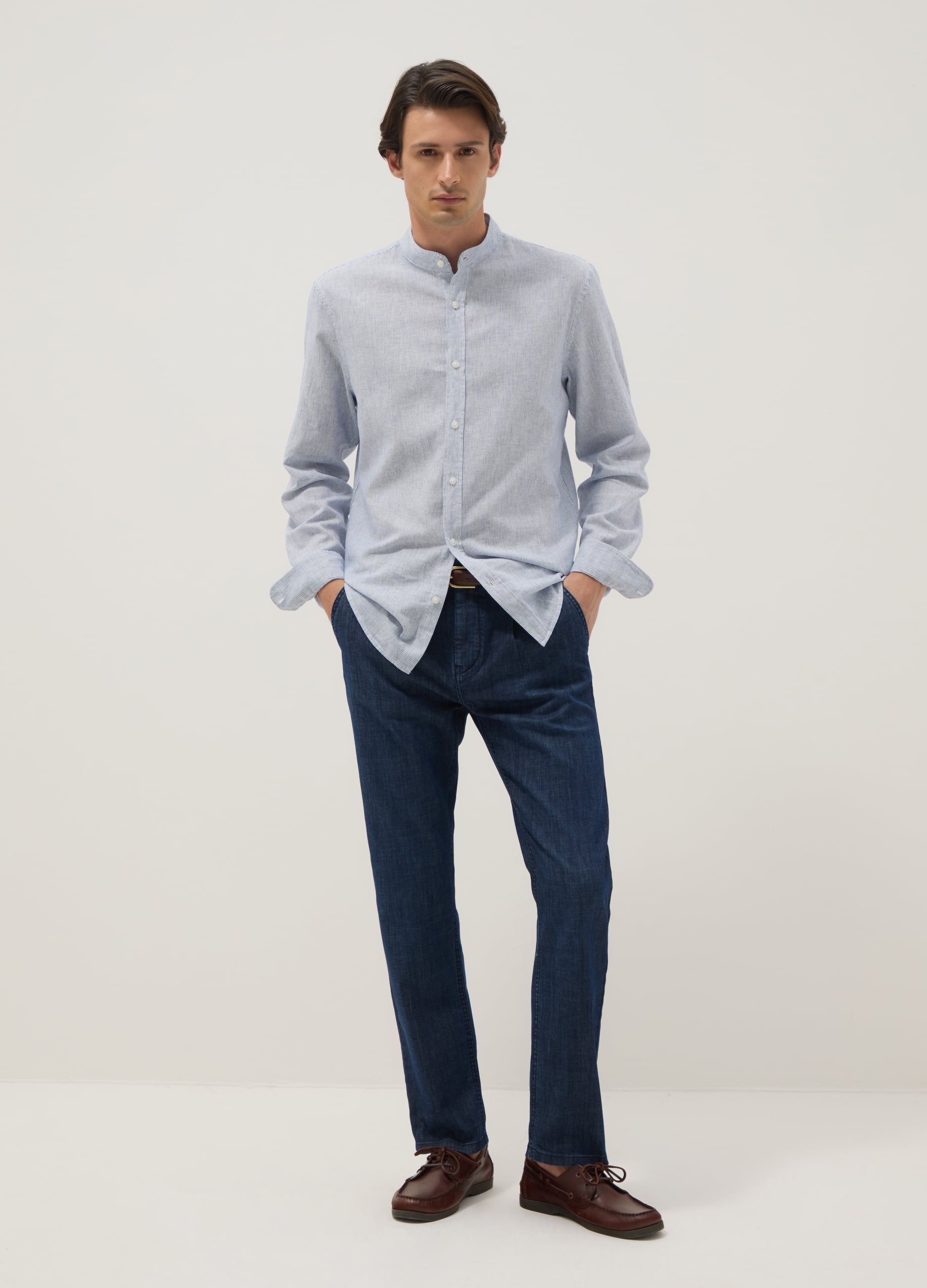 Camicia A Righe Multicolor Con Collo Alla Coreana In Misto Lino E Cotone Regular Fit