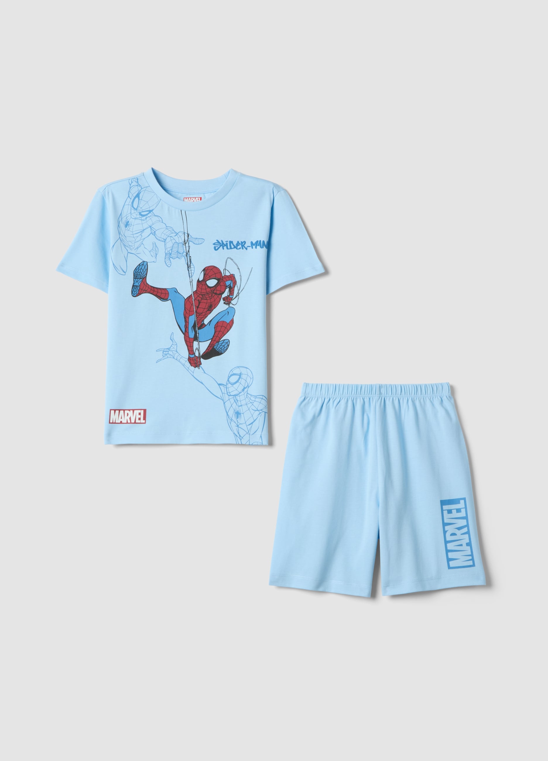 Pigiama Corto In Puro Cotone Azzurro Da Bambino Con Spiderman