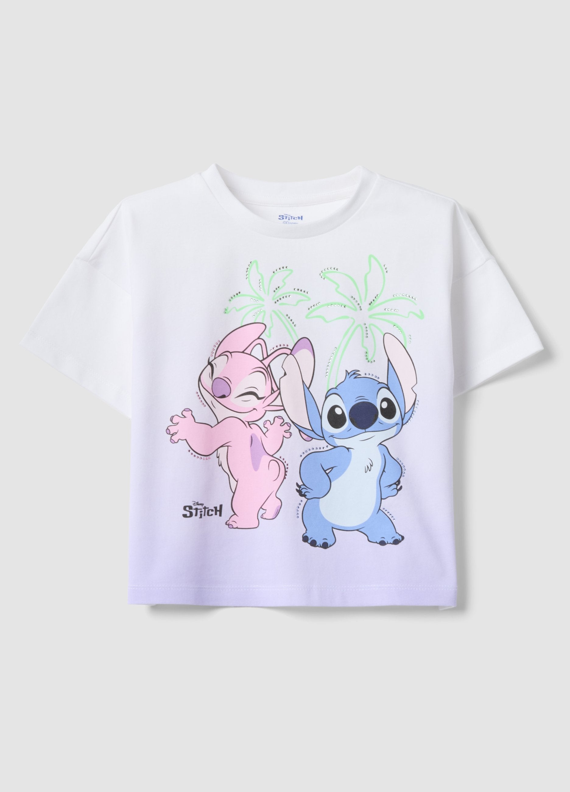 T-shirt In Cotone Elasticizzato Bianca Da Bambina Con Stampa Stitch