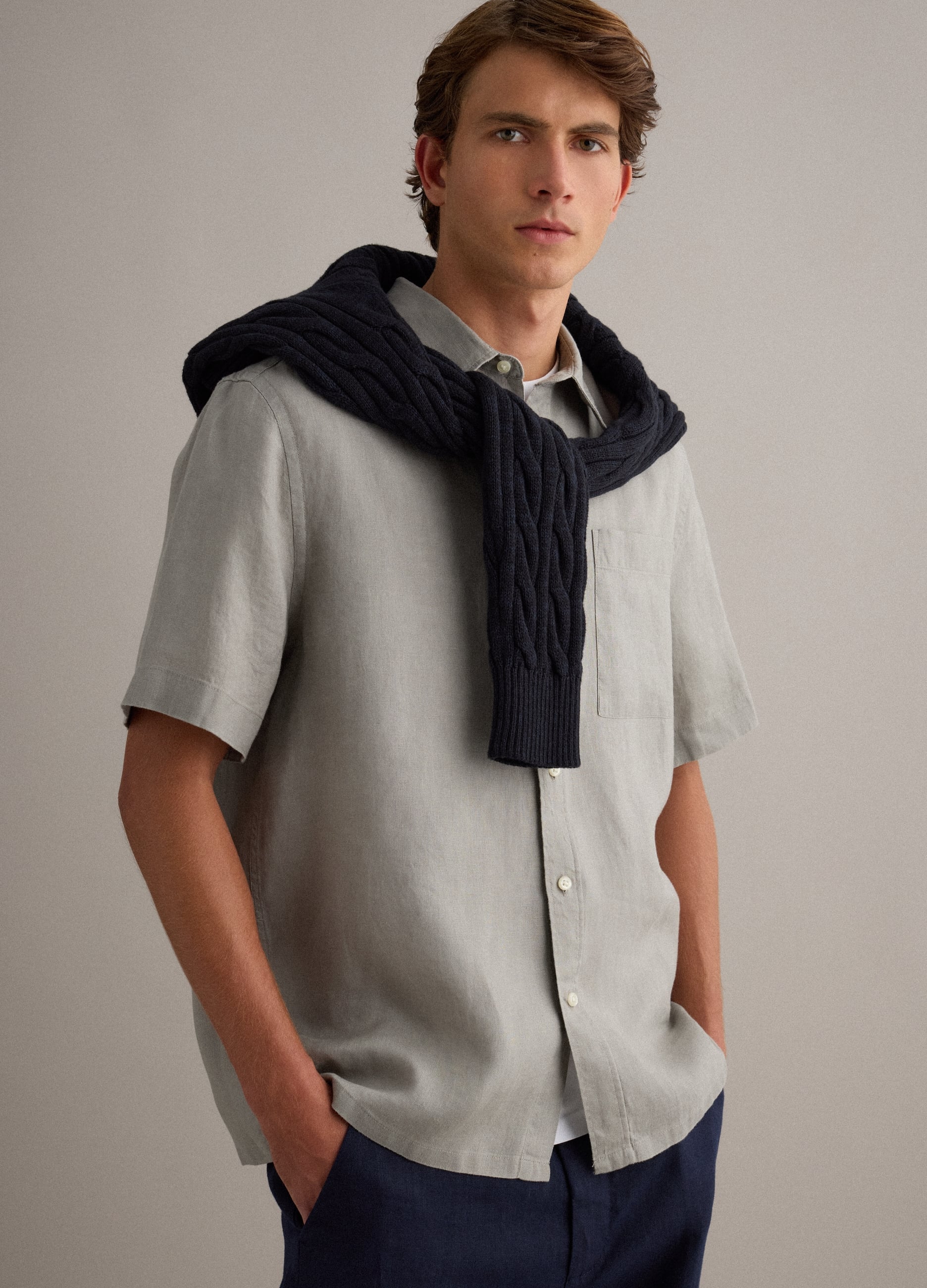 Camicia Grigia In Puro Lino Regular Fit