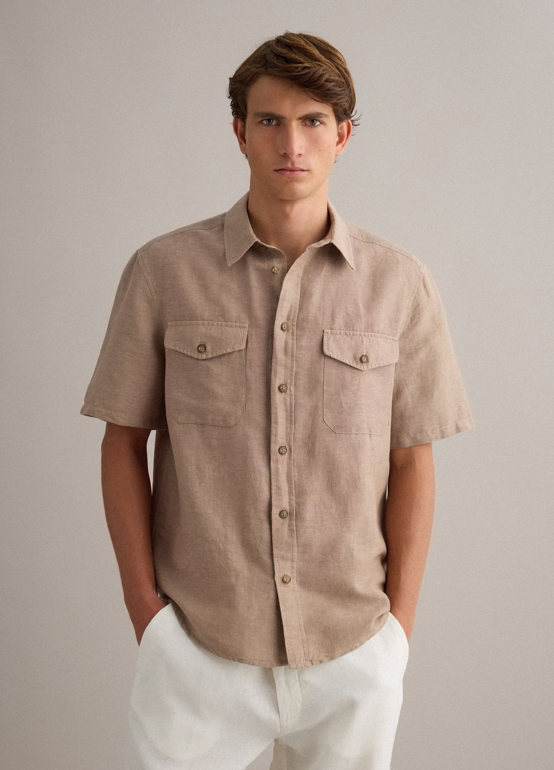 Camicia Beige In Misto Lino E Cotone Regular Fit
