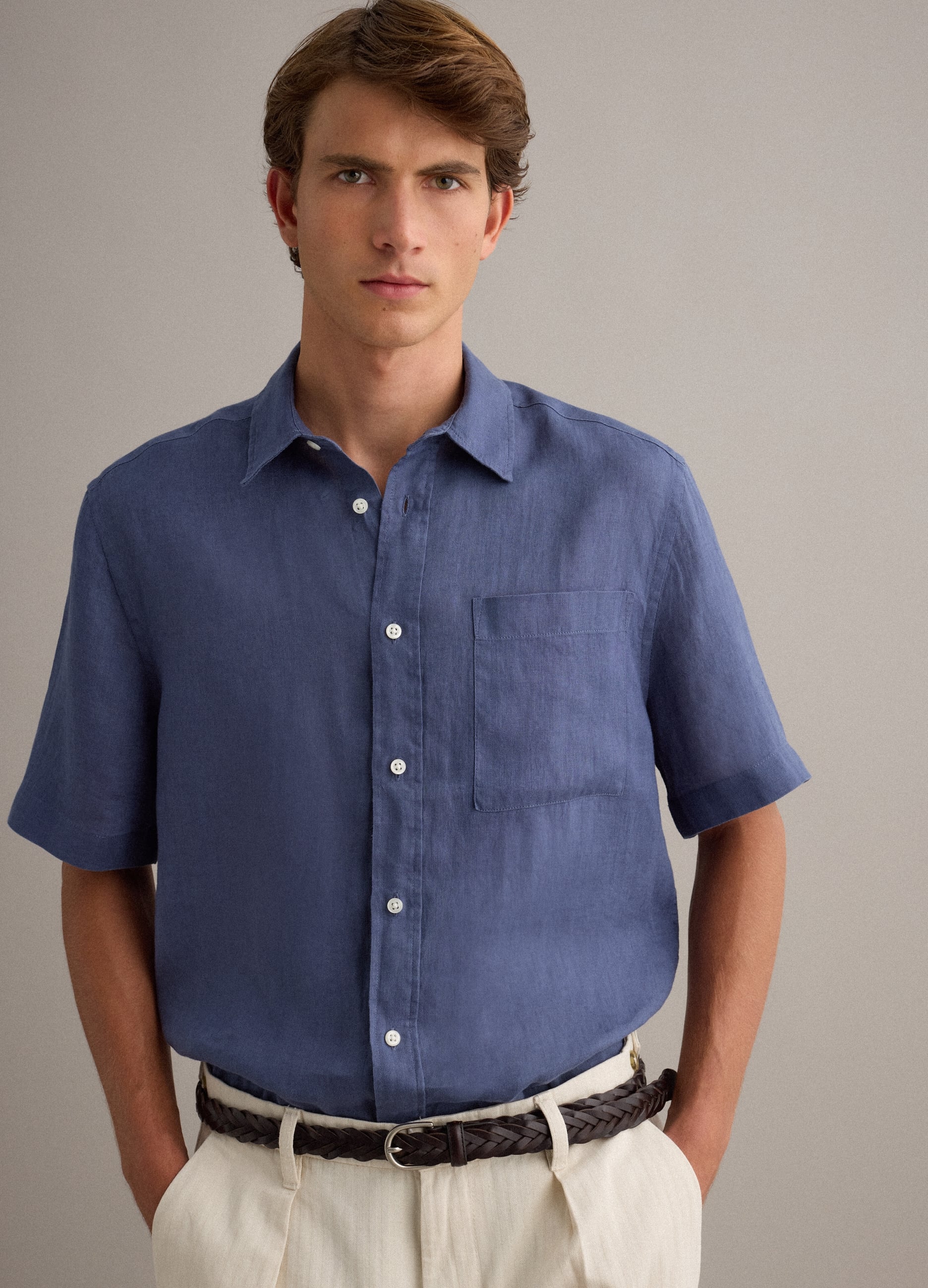 Camicia Blu In Puro Lino Regular Fit