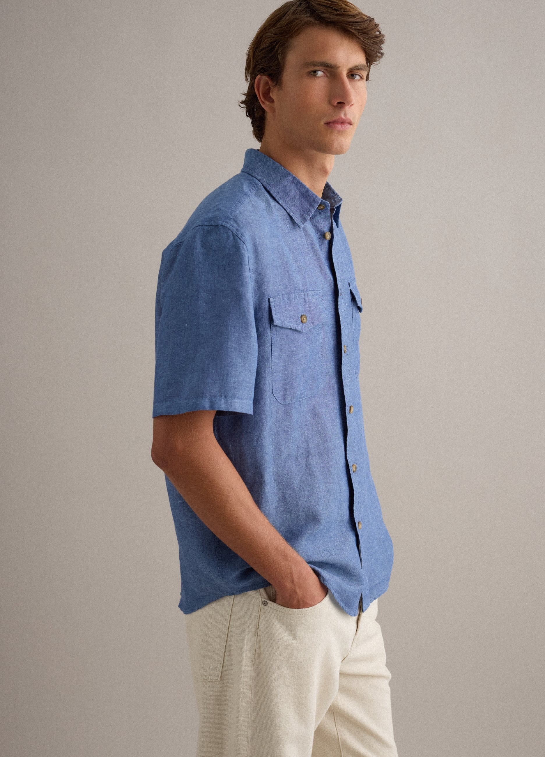 Camicia Blu Uomo In Misto Lino E Cotone