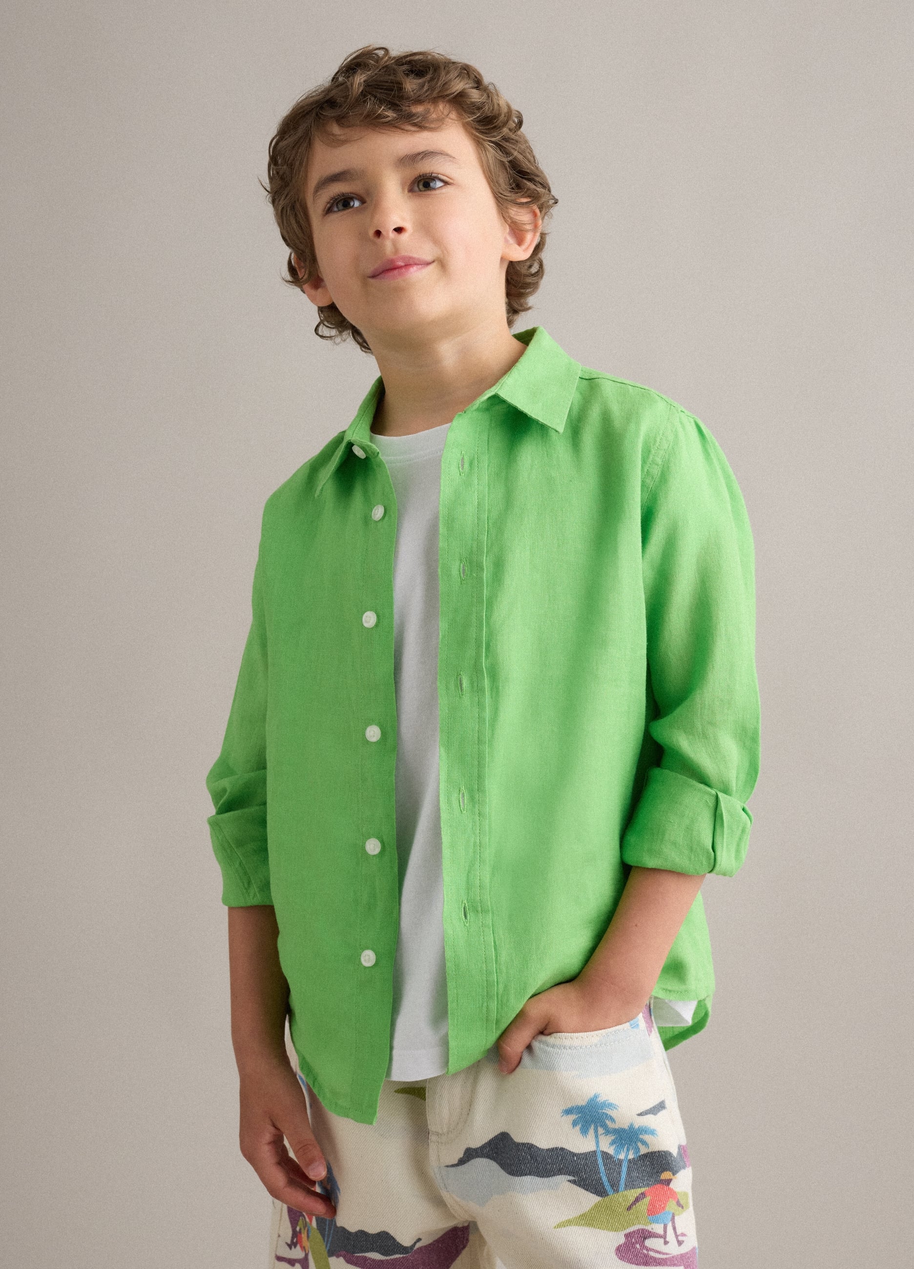 Camicia In Puro Lino Verde Oversize Fit Da Bambino