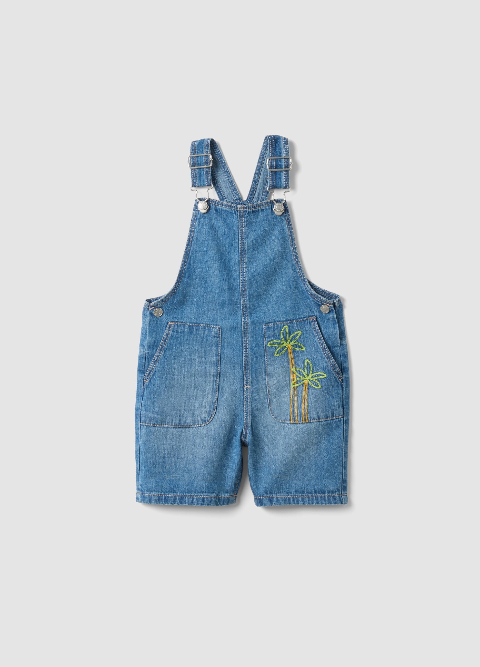 Salopette Denim Blu In Misto Cotone Regular Fit Da Bimbo Con Ricamo