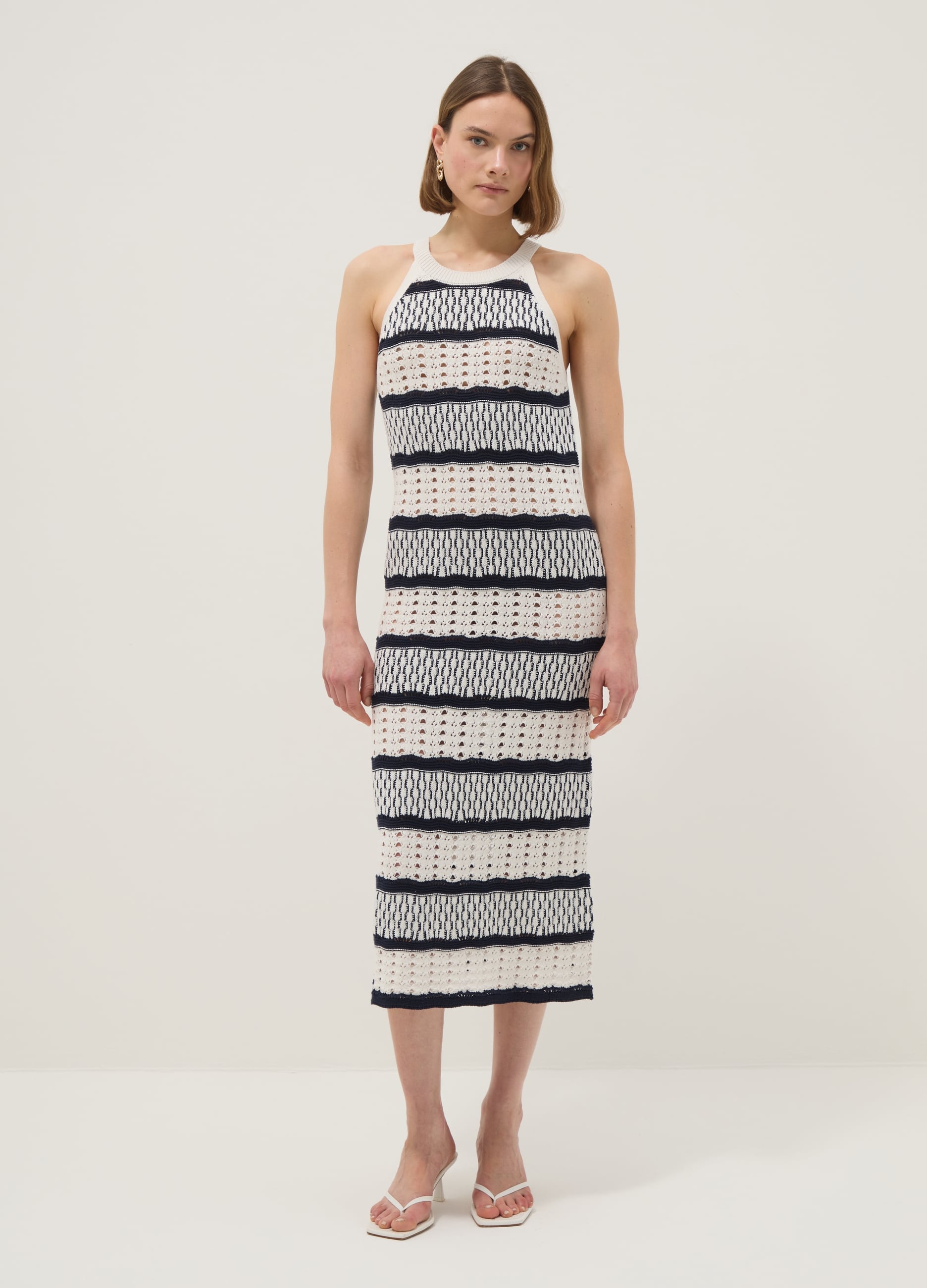 Abito Lungo Fitted Traforato In Puro Cotone A Righe Multicolor