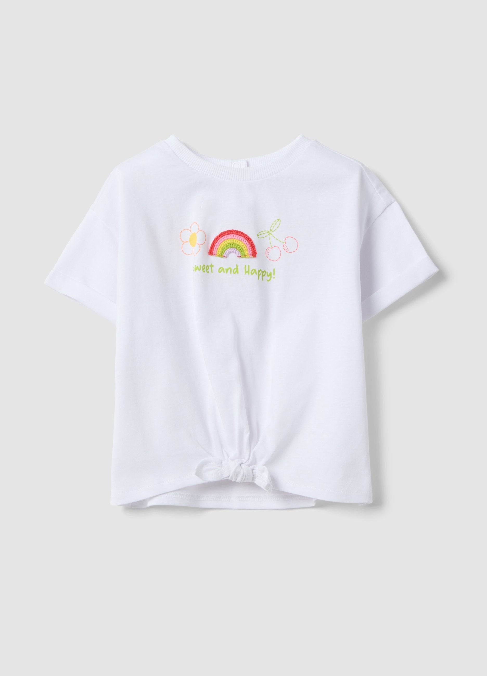 T-shirt In Puro Cotone Bianco Da Bimba Regular Fit Con Ricamo E Fiocco