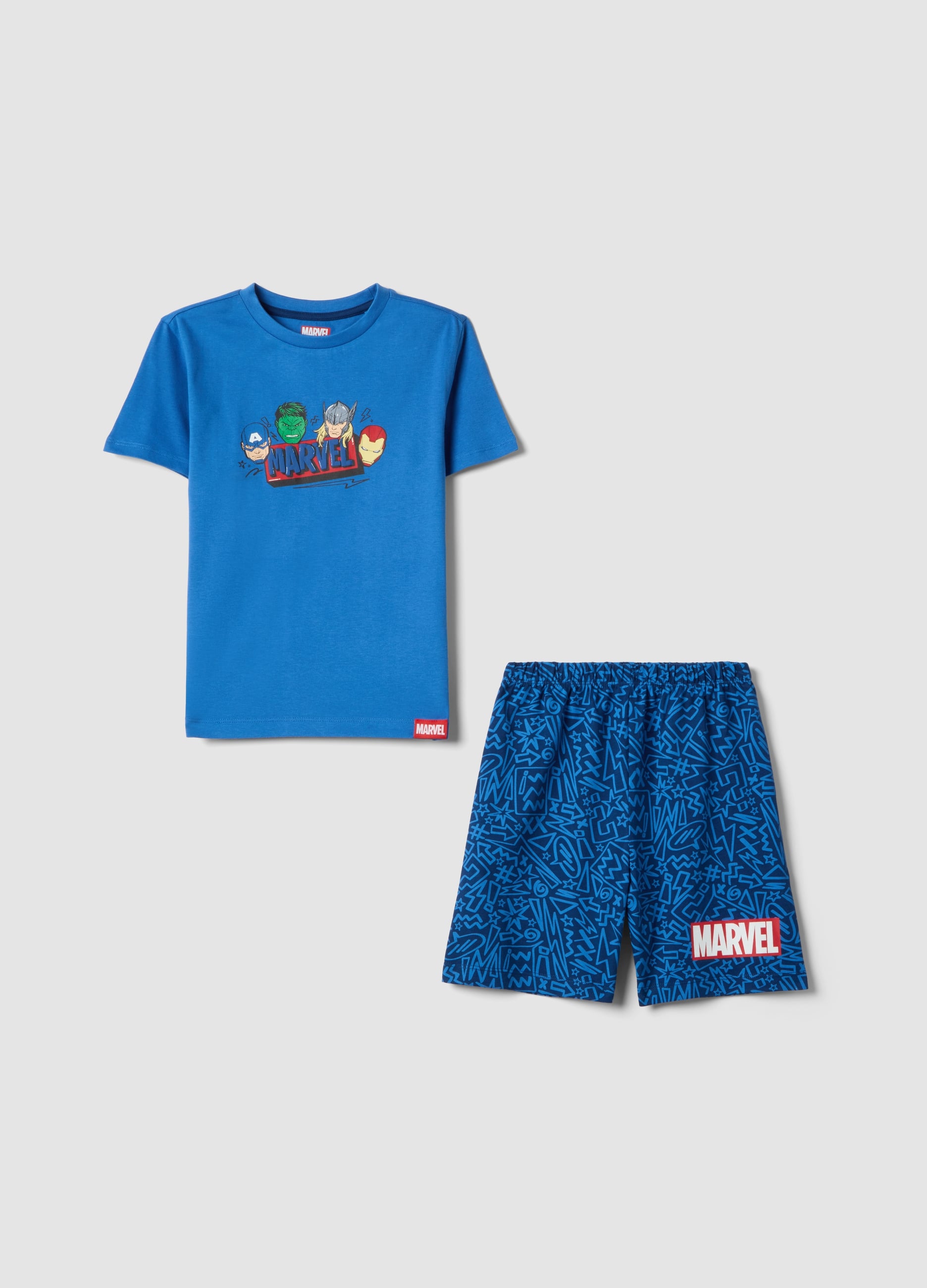 Pigiama Corto In Puro Cotone Blu Da Bambino Con Stampe Marvel