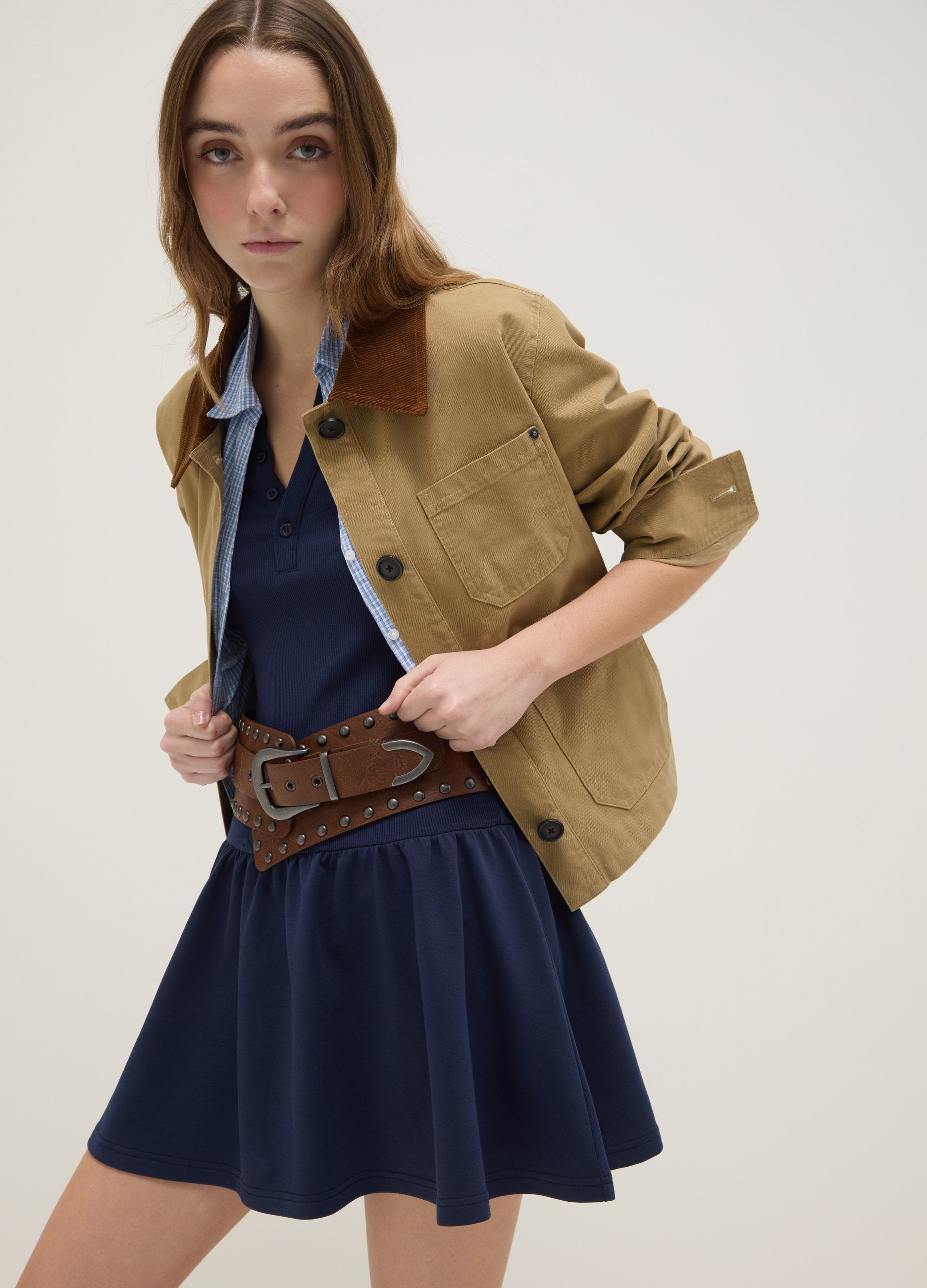 Vestito In Cotone Elasticizzato Blu Regular Fit Con Scollo A V