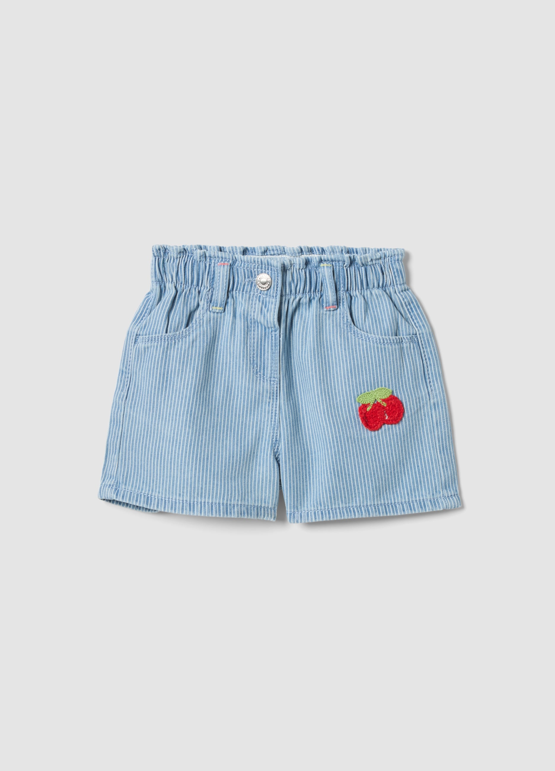Shorts In Misto Cotone Azzurri A Righe Da Bimba Con Ricami Ciliegia