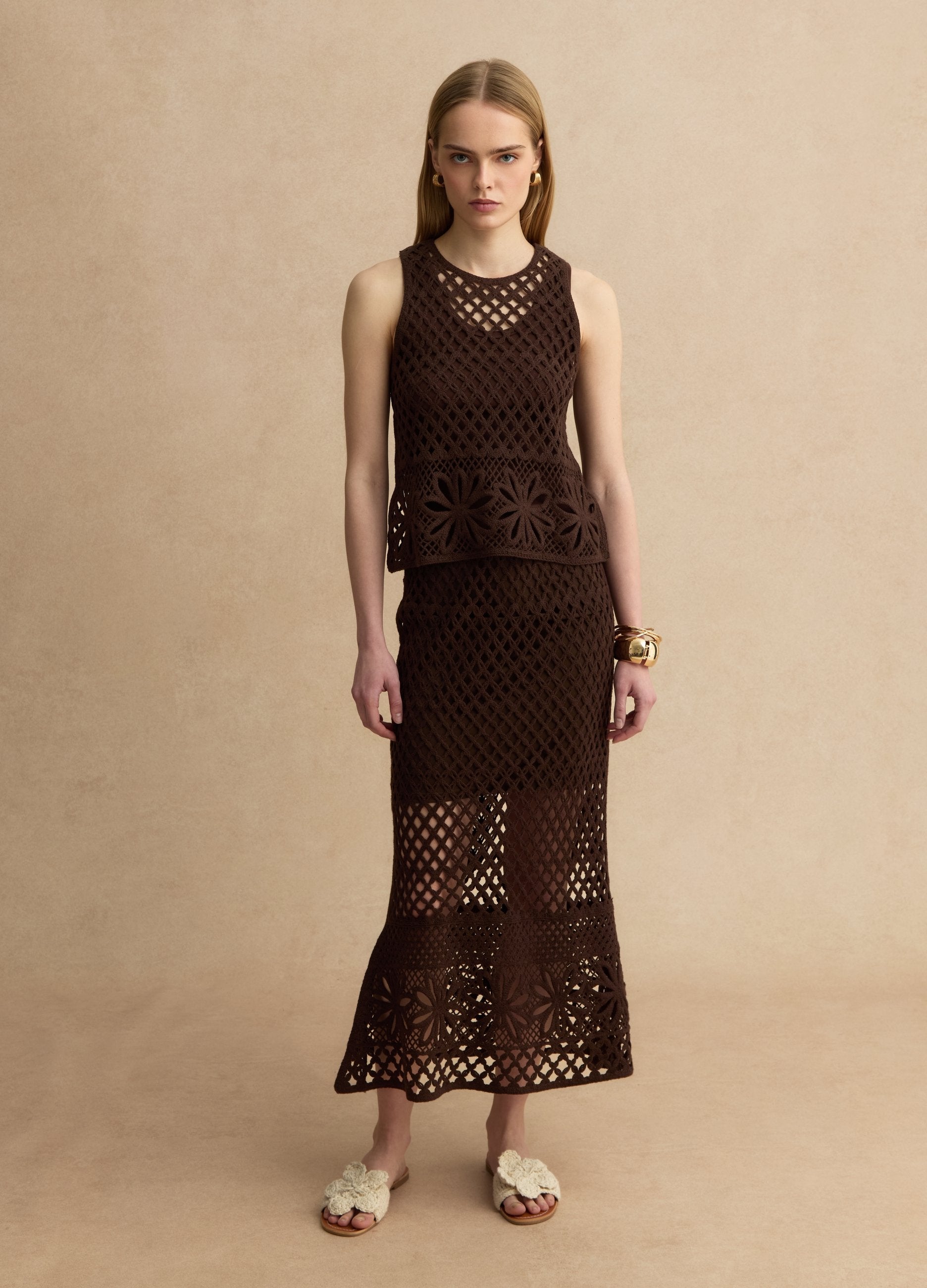 Gonna Lunga In Misto Cotone Marrone Regular Fit Con Design A Maglia