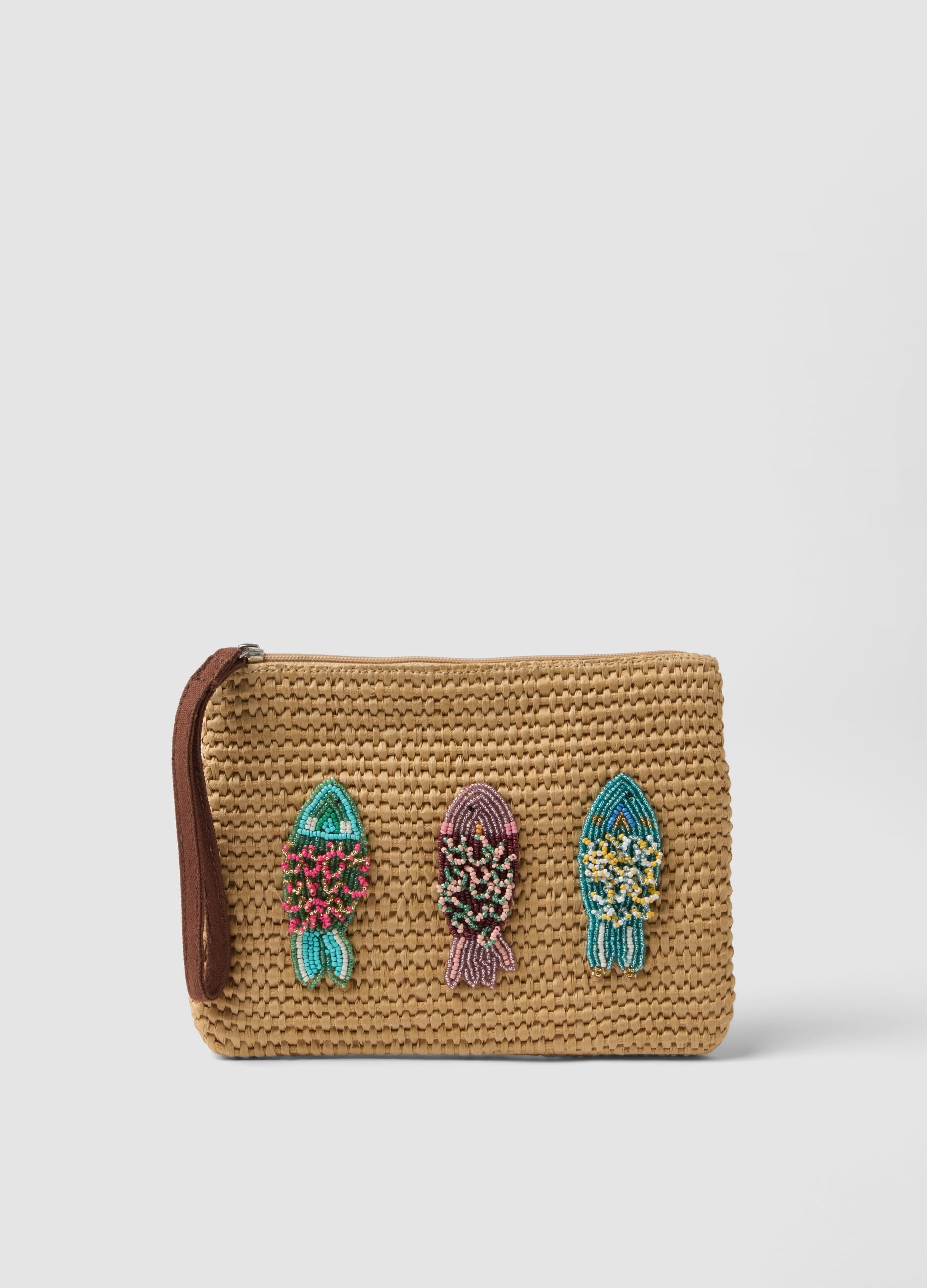 Pochette In Misto Cotone Beige Con Zip E Perline