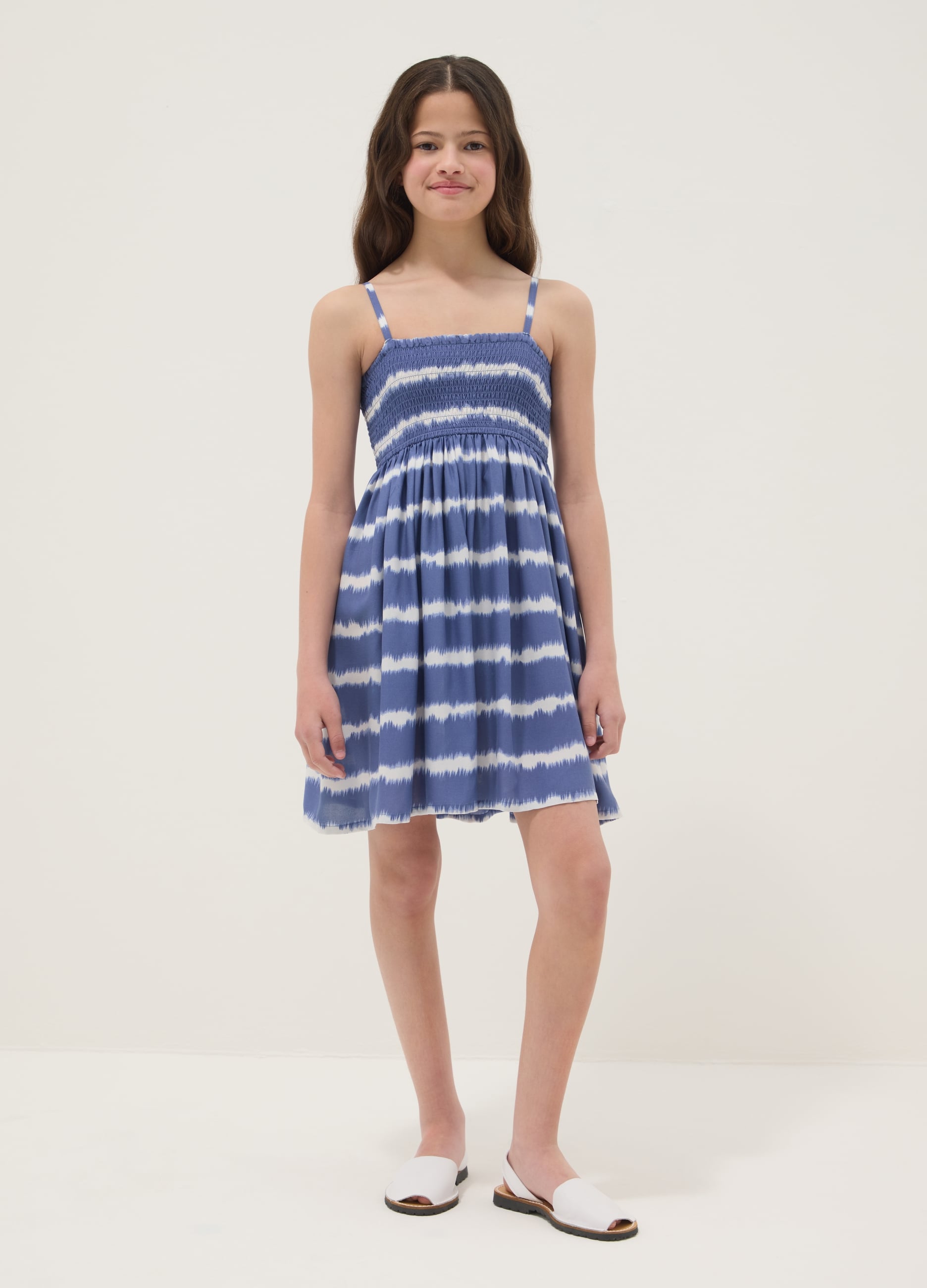 Abito Blu Da Ragazza A Righe Con Spalline In Pura Viscosa Wide Fit