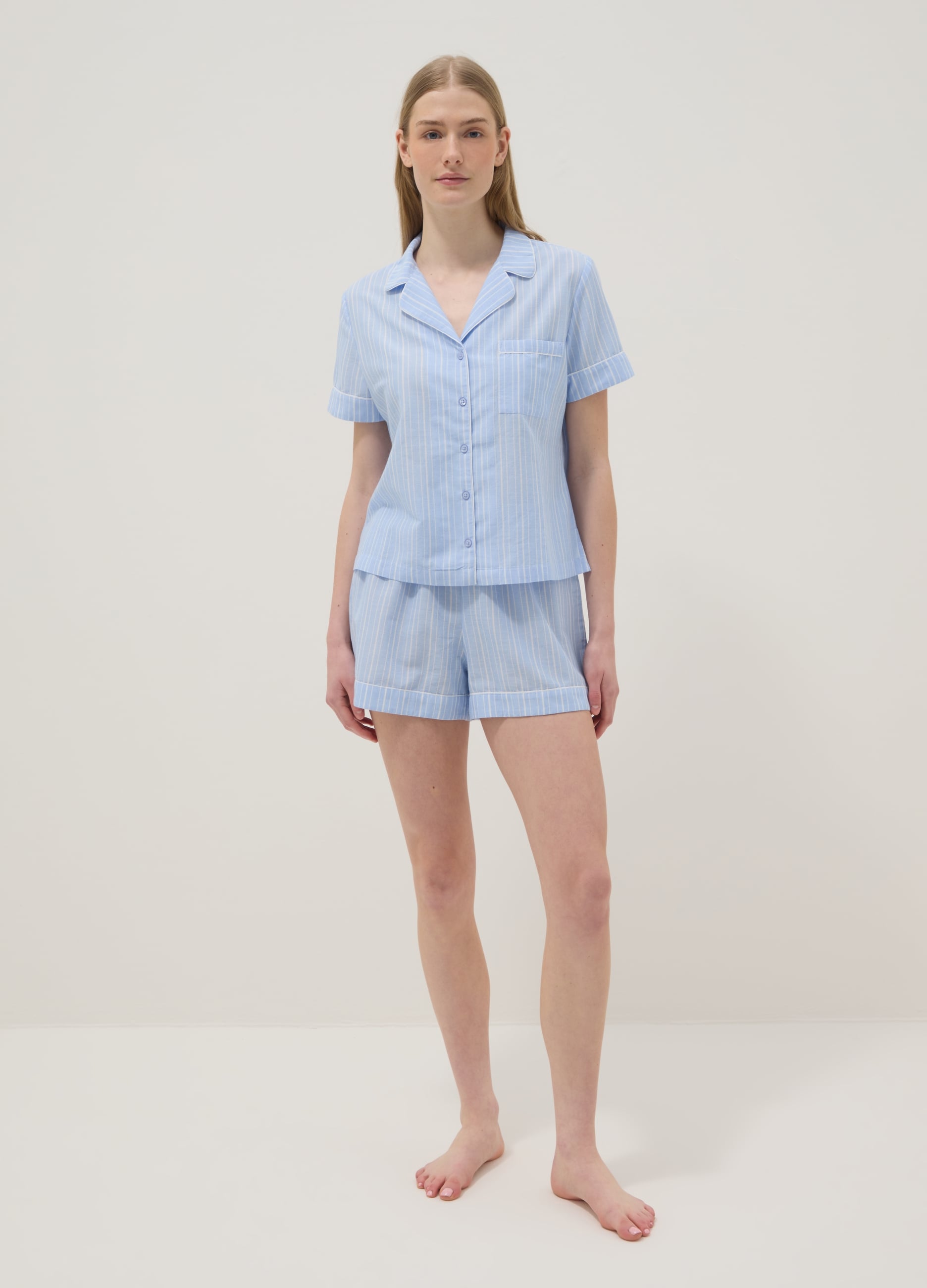 Pigiama In Puro Cotone A Righe Azzurro Regular Fit