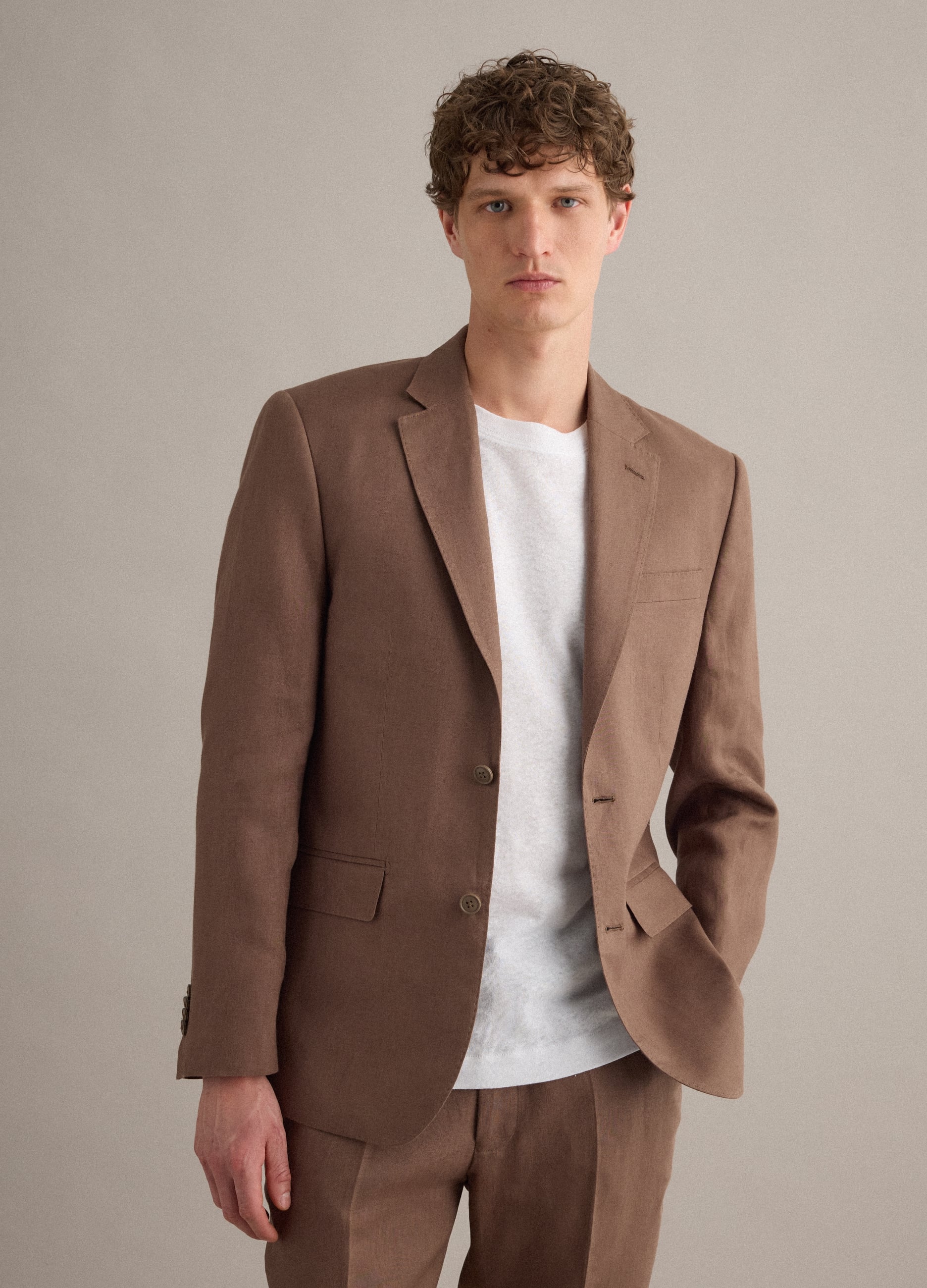 Blazer In Puro Lino Marrone Slim Fit