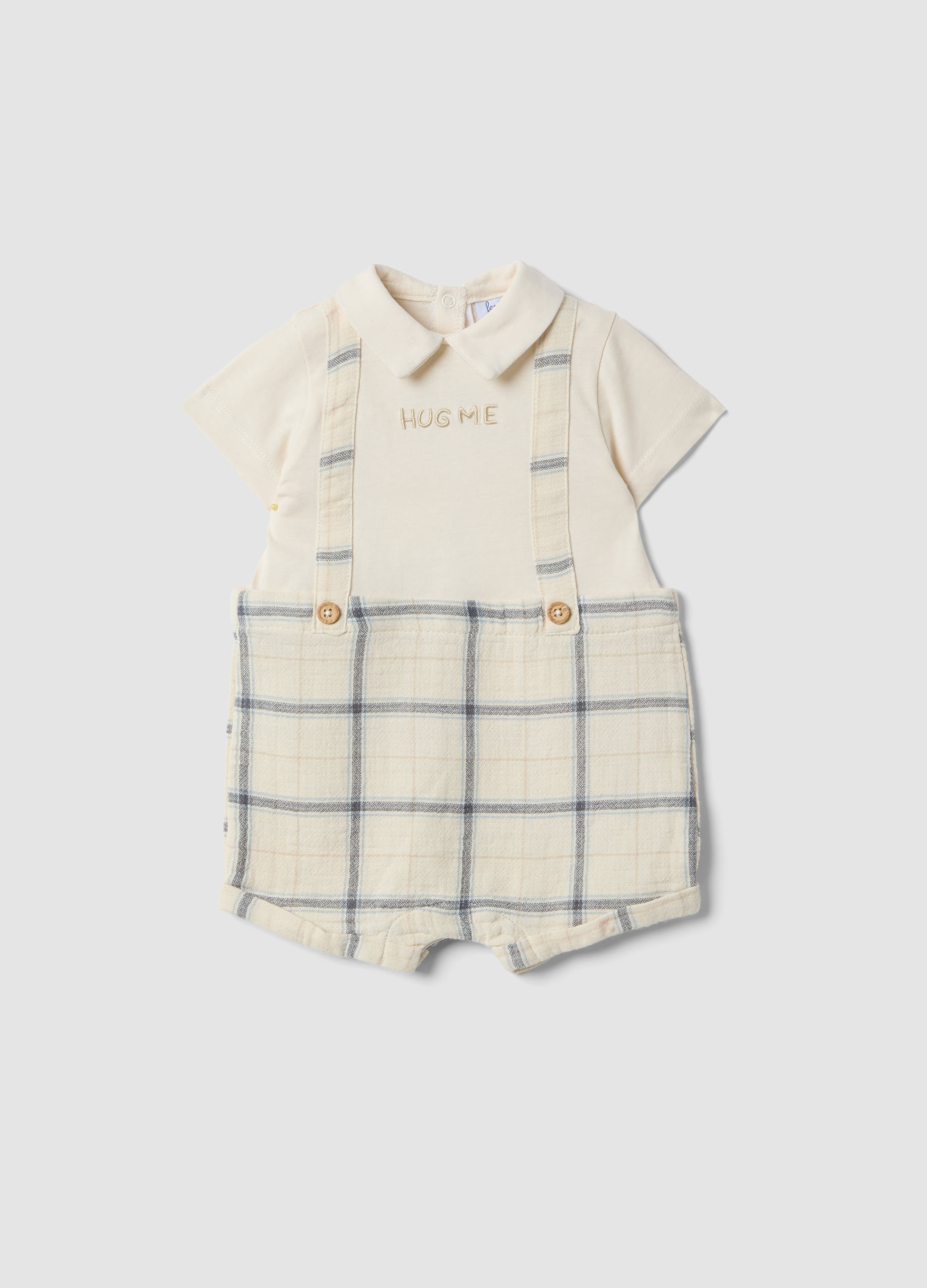 Pagliaccetto In Puro Cotone Beige A A Quadri Da Neonato Con Colletto