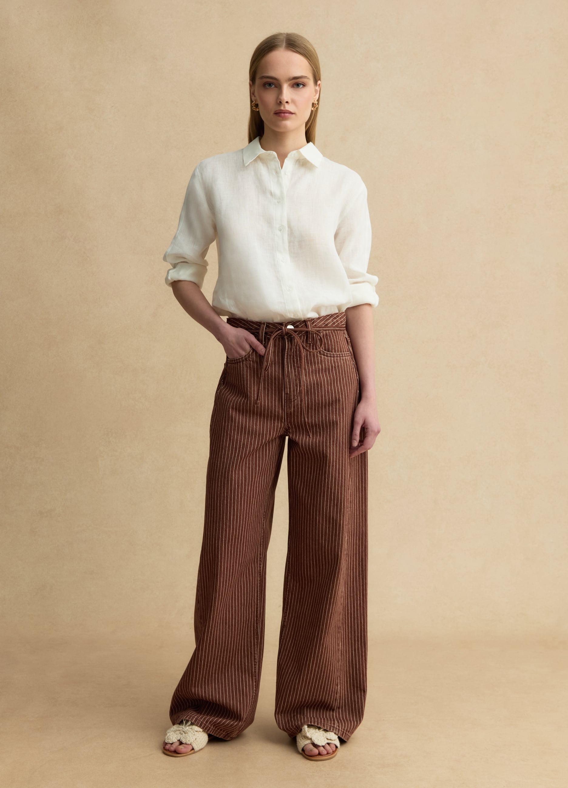 Pantaloni Wide Leg A Righe Marroni In Puro Cotone