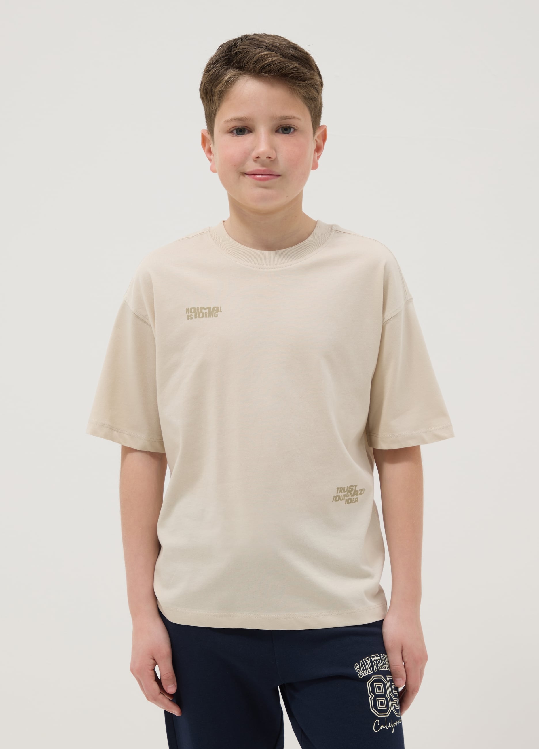 T-shirt In Puro Cotone Beige Oversize Per Ragazzi