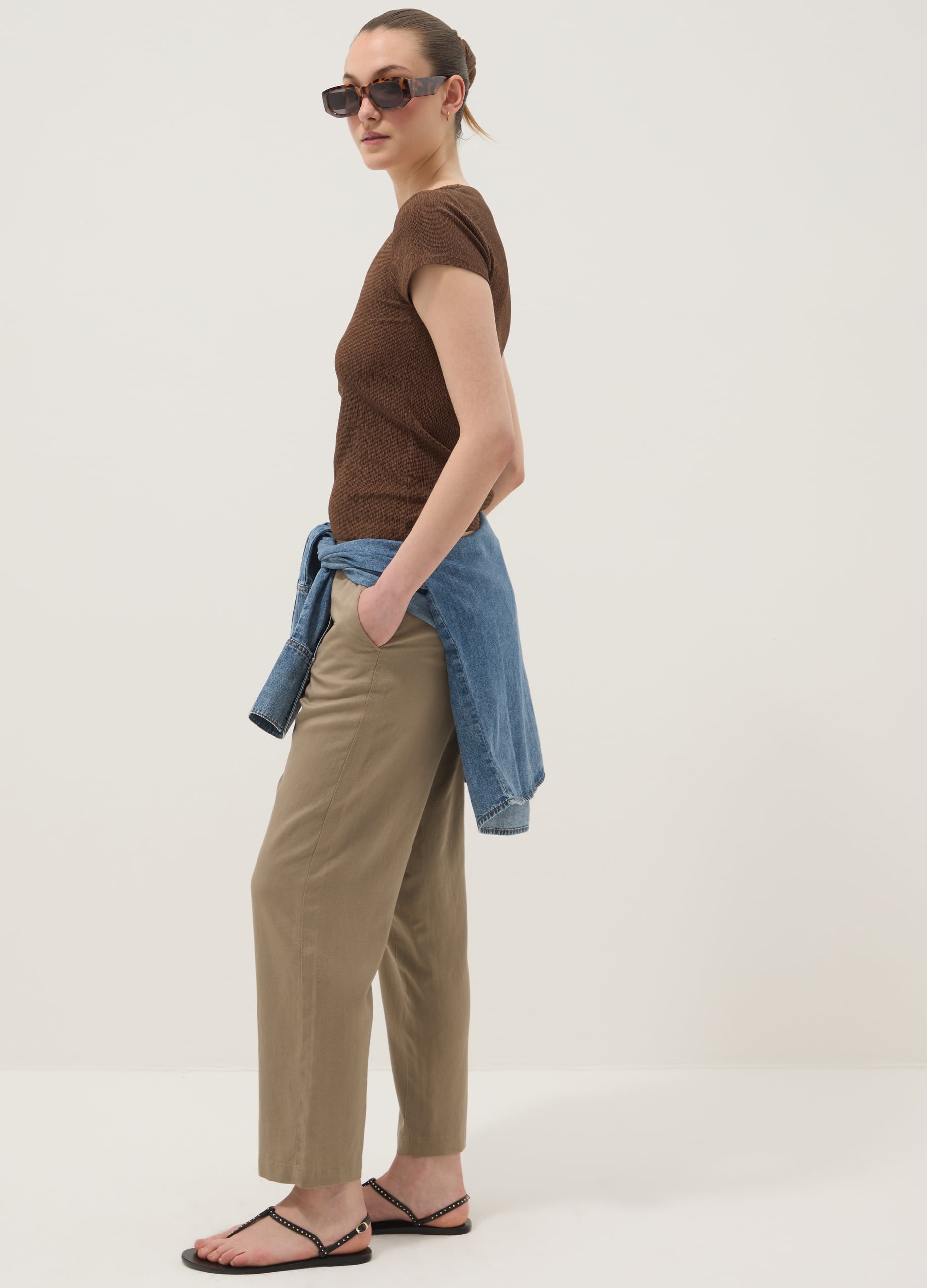 Pantaloni In Misto Viscosa E Lino Beige Straight Fit Con Coulisse