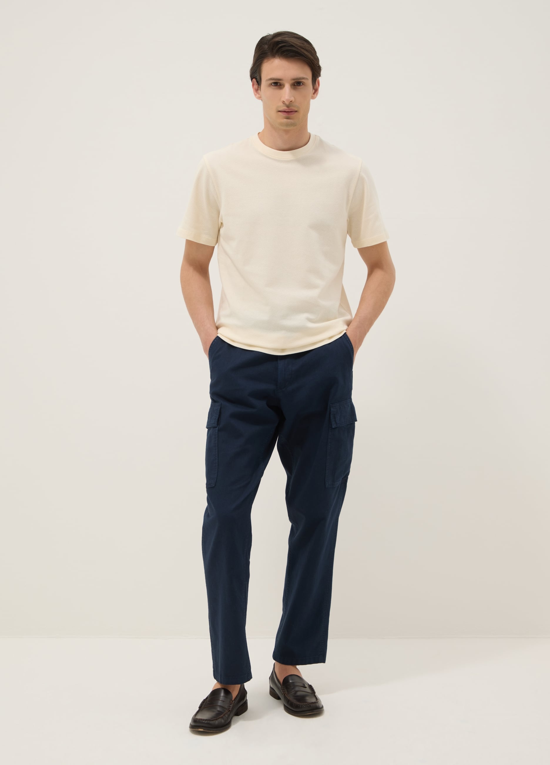 Pantaloni Cargo Blu In Misto Lino E Cotone Regular Fit