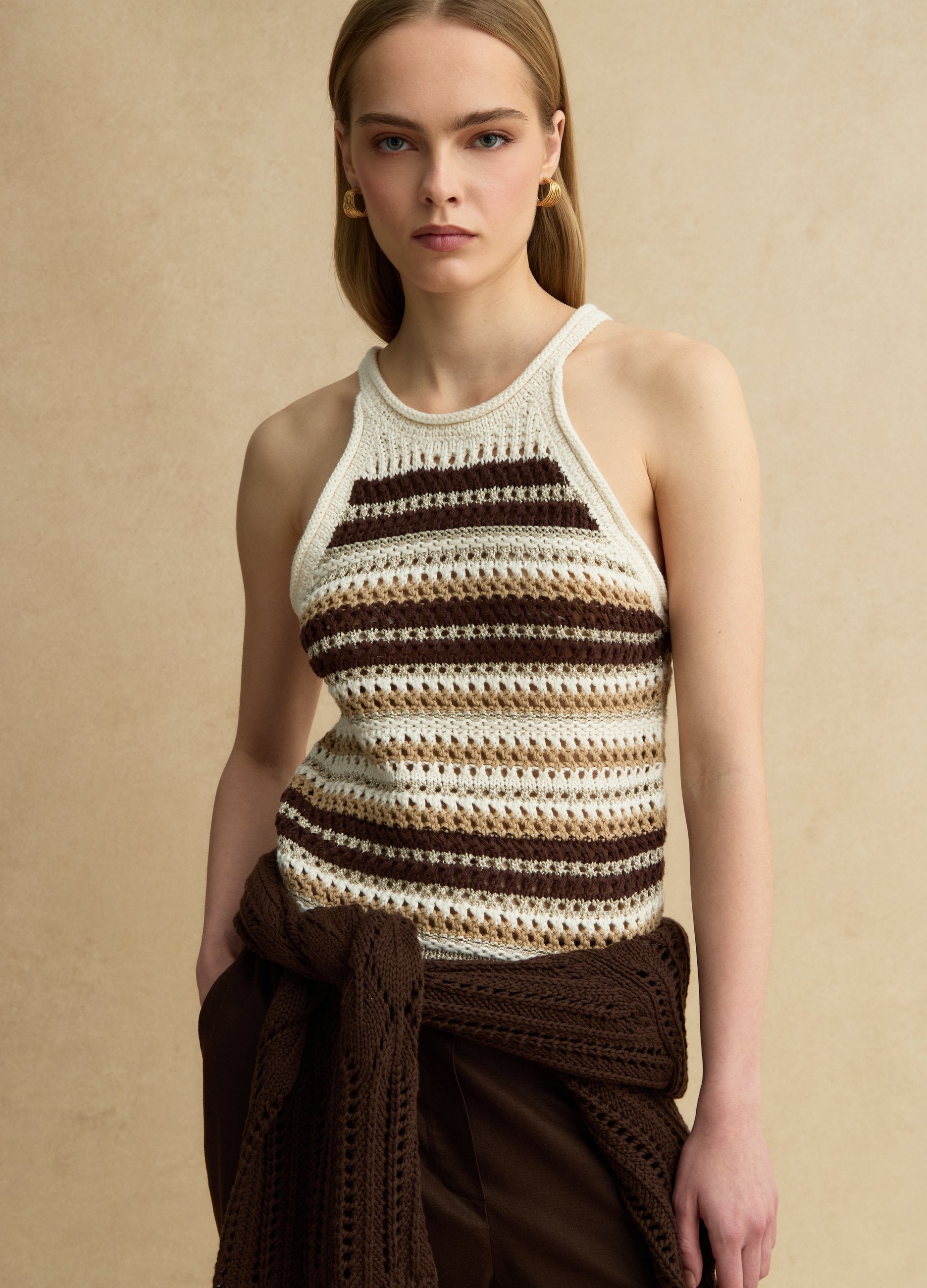 Top Fitted A Righe Multicolor In Misto Cotone Lavorato A Maglia