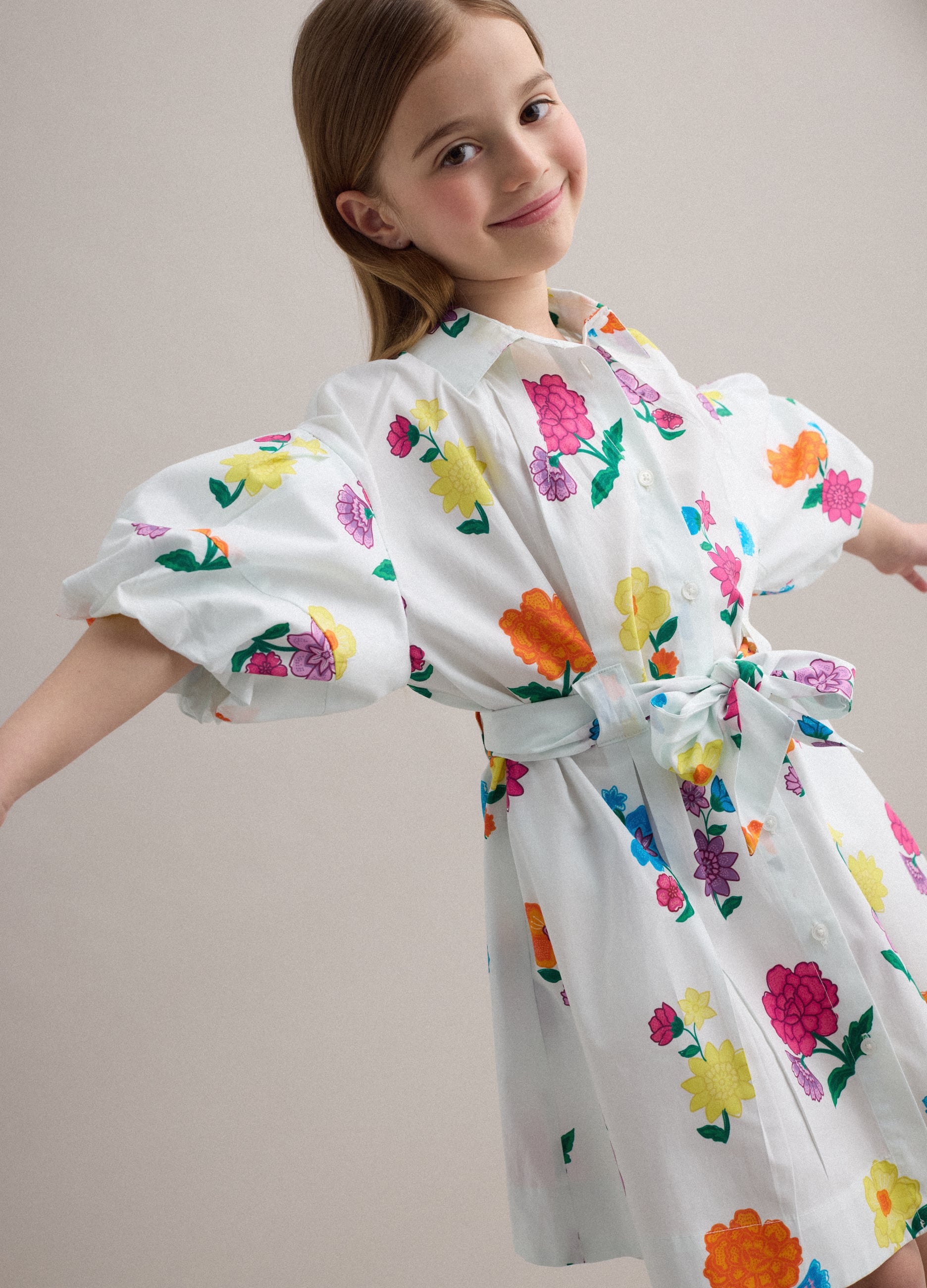 Abito Bianco Con Motivo Floreale In Puro Cotone Da Bambina Regular Fit