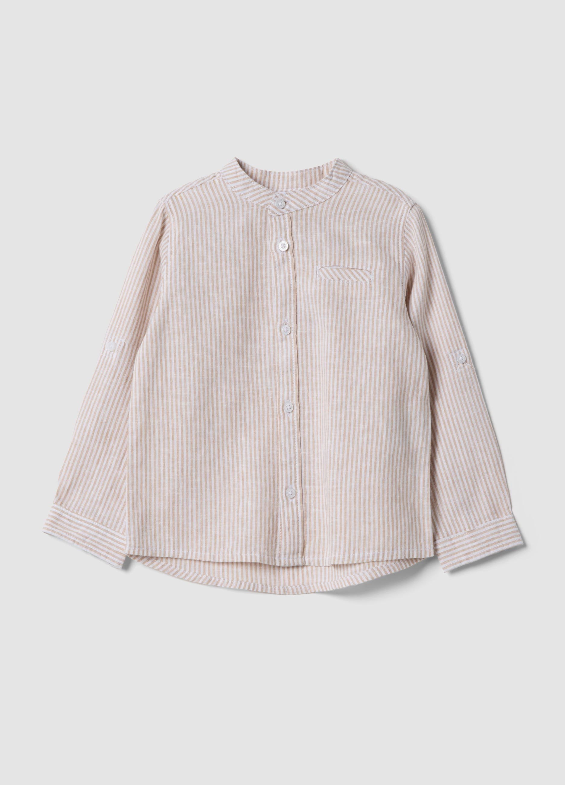 Camicia A Righe Bianche E Beige In Misto Lino E Cotone Da Bimbo
