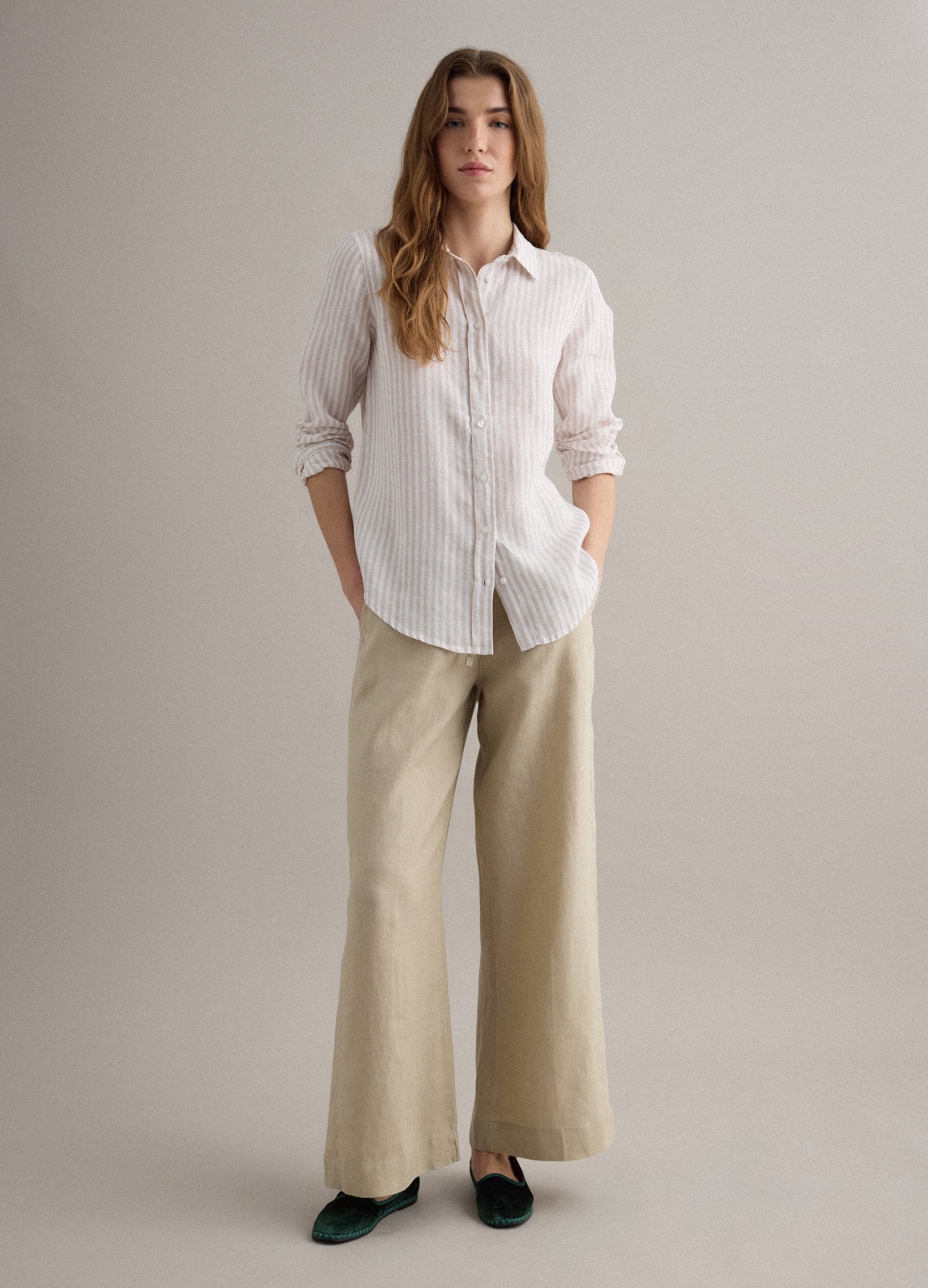 Pantaloni Beige In Puro Lino Con Coulisse Straight Fit