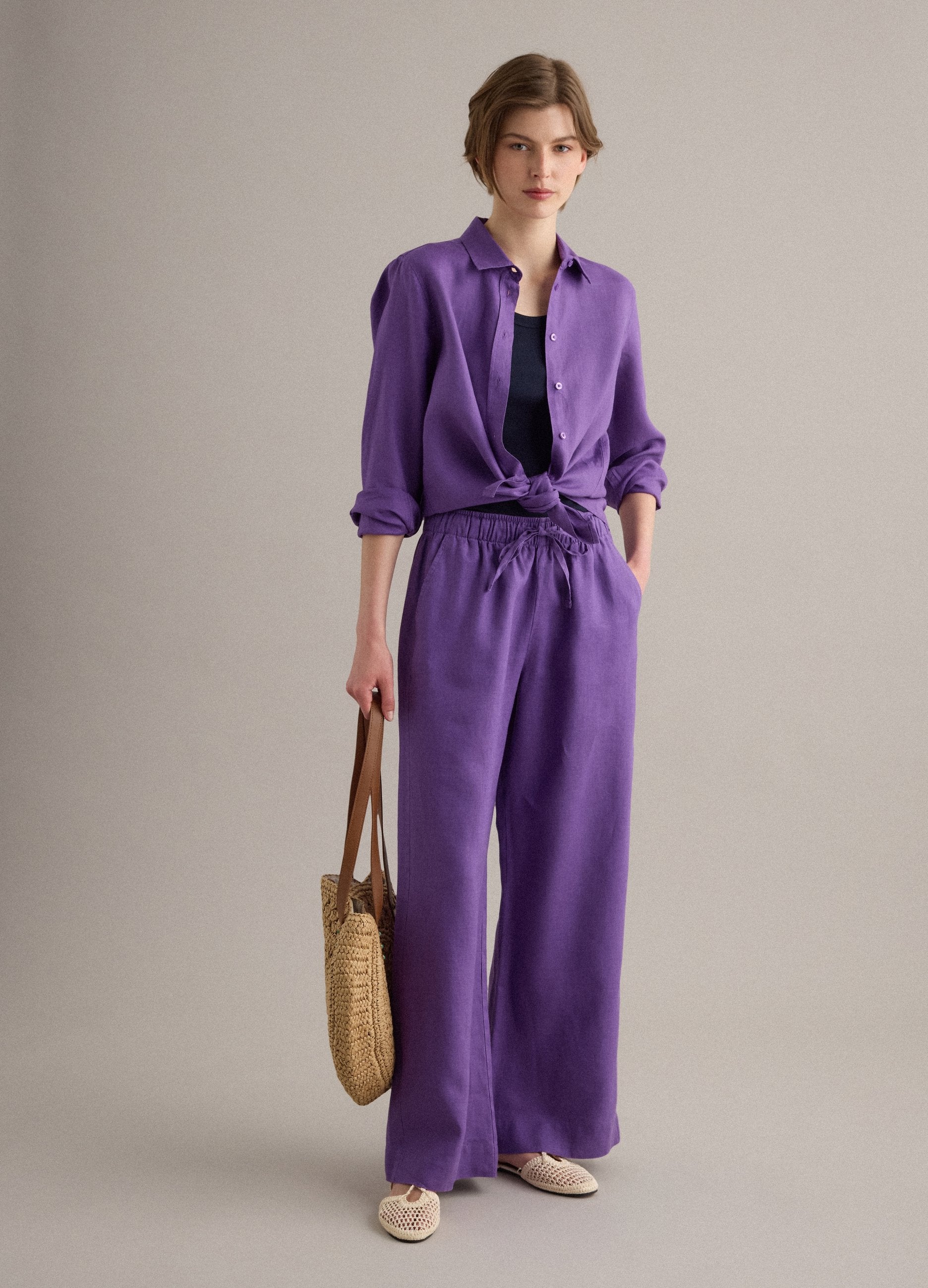 Pantaloni Blu In Puro Lino Con Coulisse Straight Fit