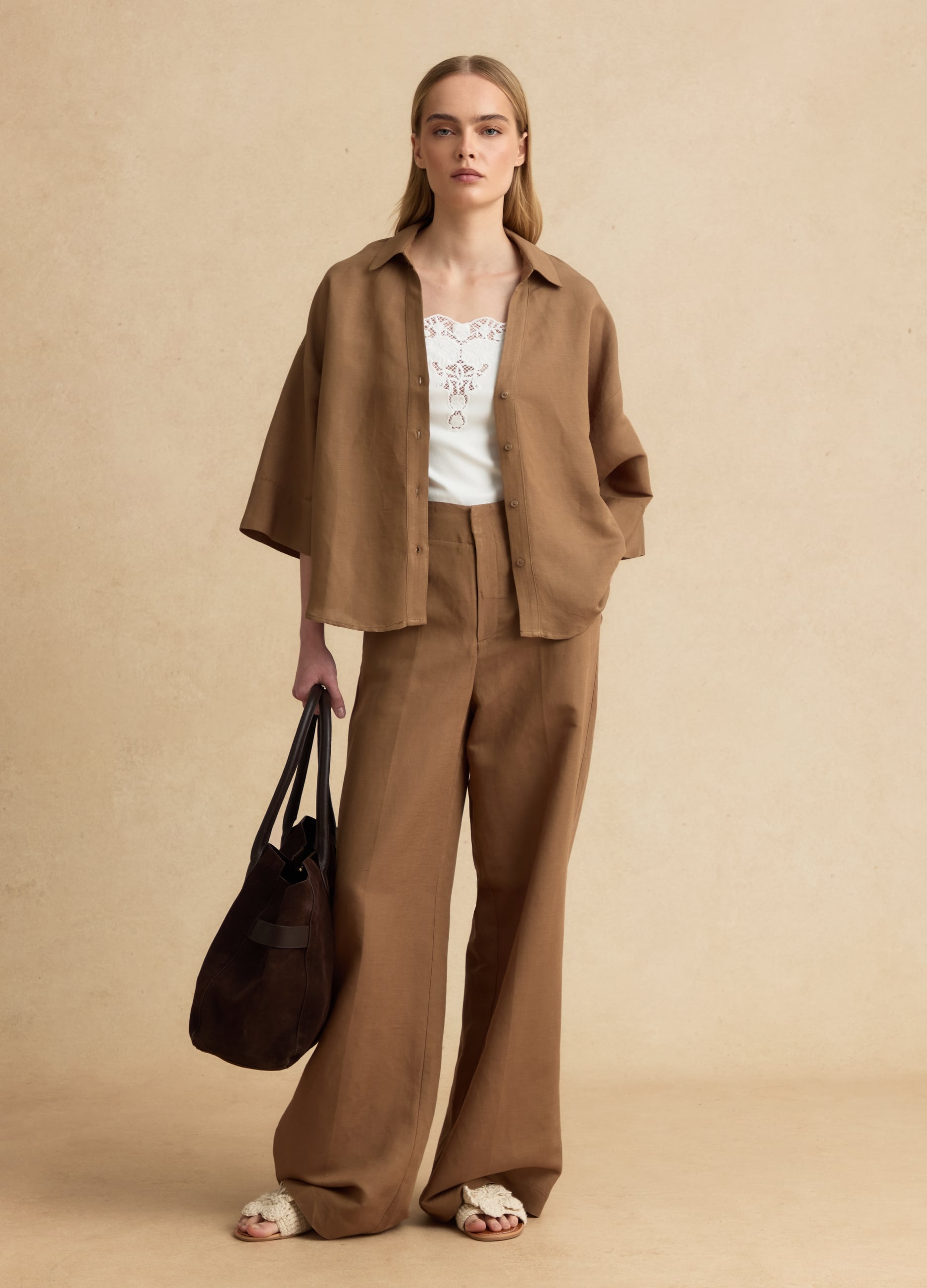Pantaloni Formal Marroni In Misto Lino E Viscosa Wide Leg