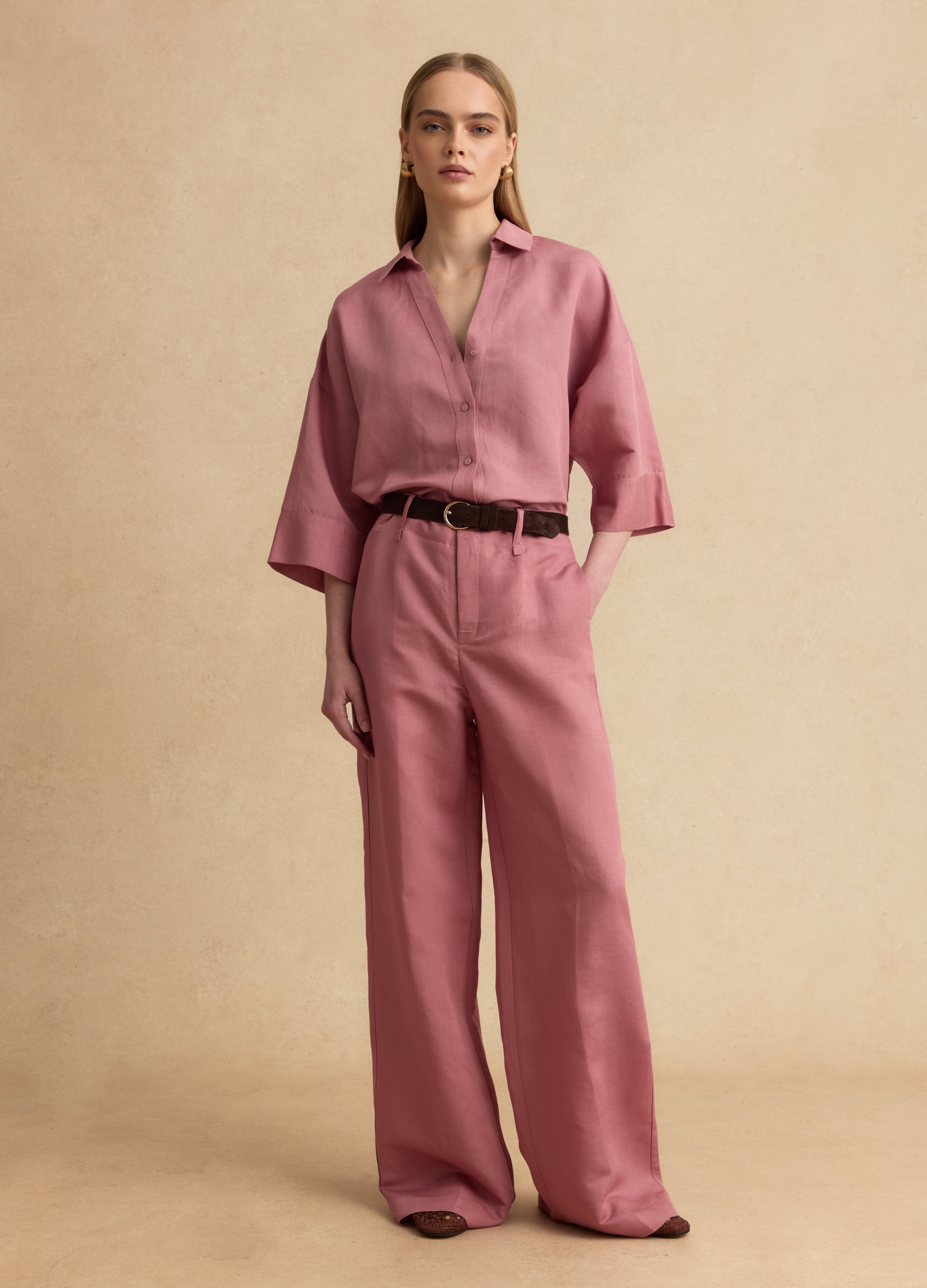 Pantaloni Formal Rosa In Misto Lino E Viscosa Wide Leg