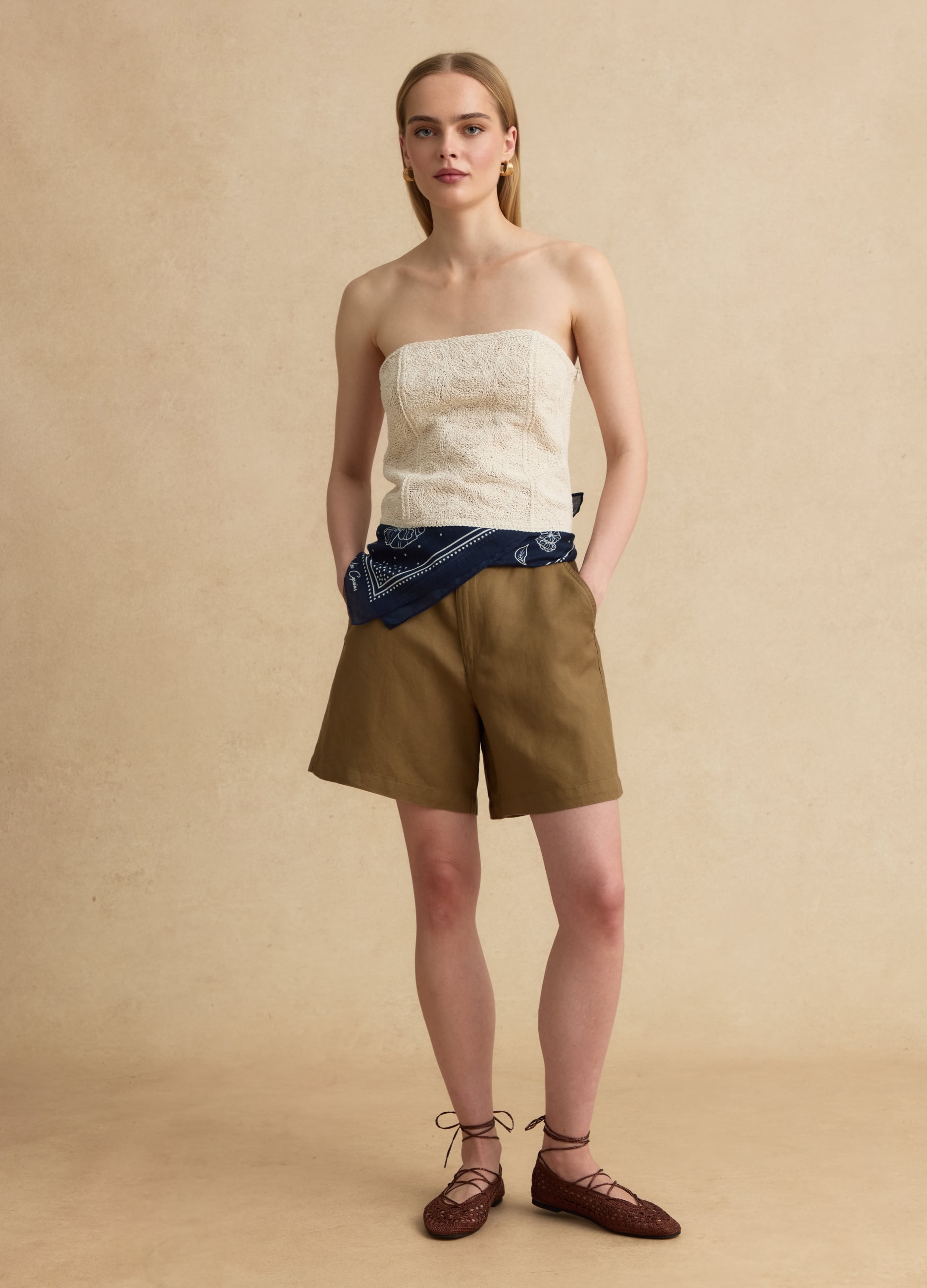 Shorts Marroni In Misto Lino E Viscosa Regular Fit