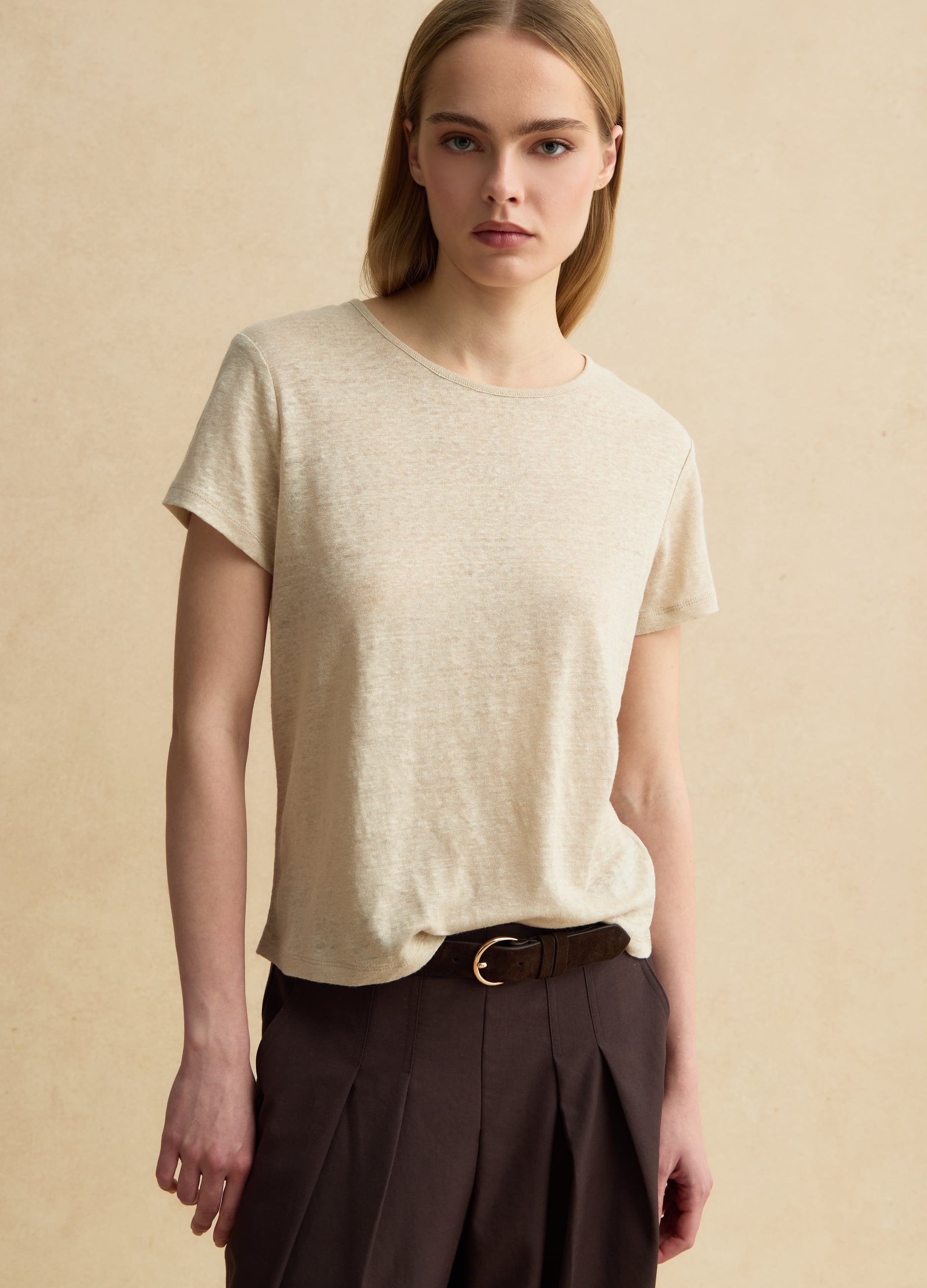 T-shirt A Maniche Corte Beige In Puro Lino Regular Fit