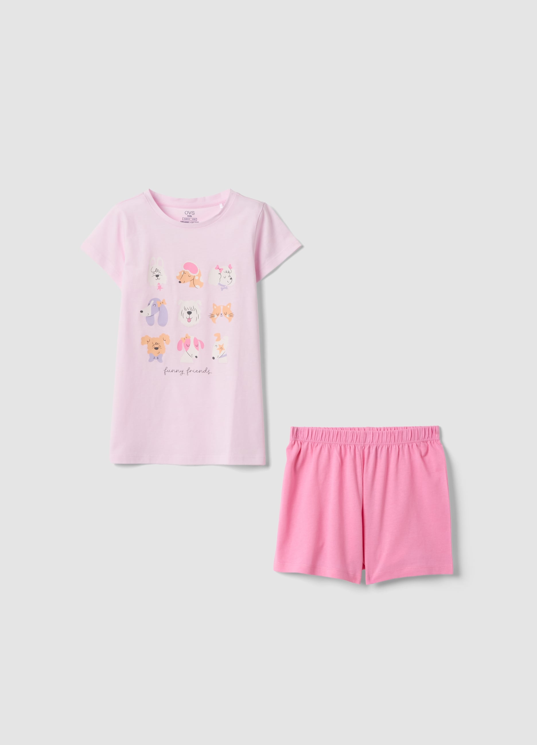 Pigiama Corto Rosa In Puro Cotone Organico Da Bambina Con Stampe