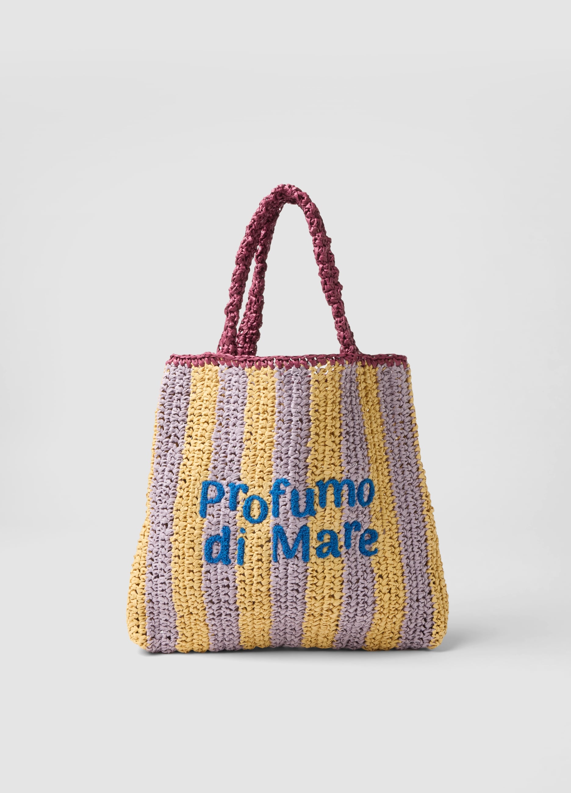 Borsa Mare A Righe Multicolor In Puro Tessuto Carta Con Scritta