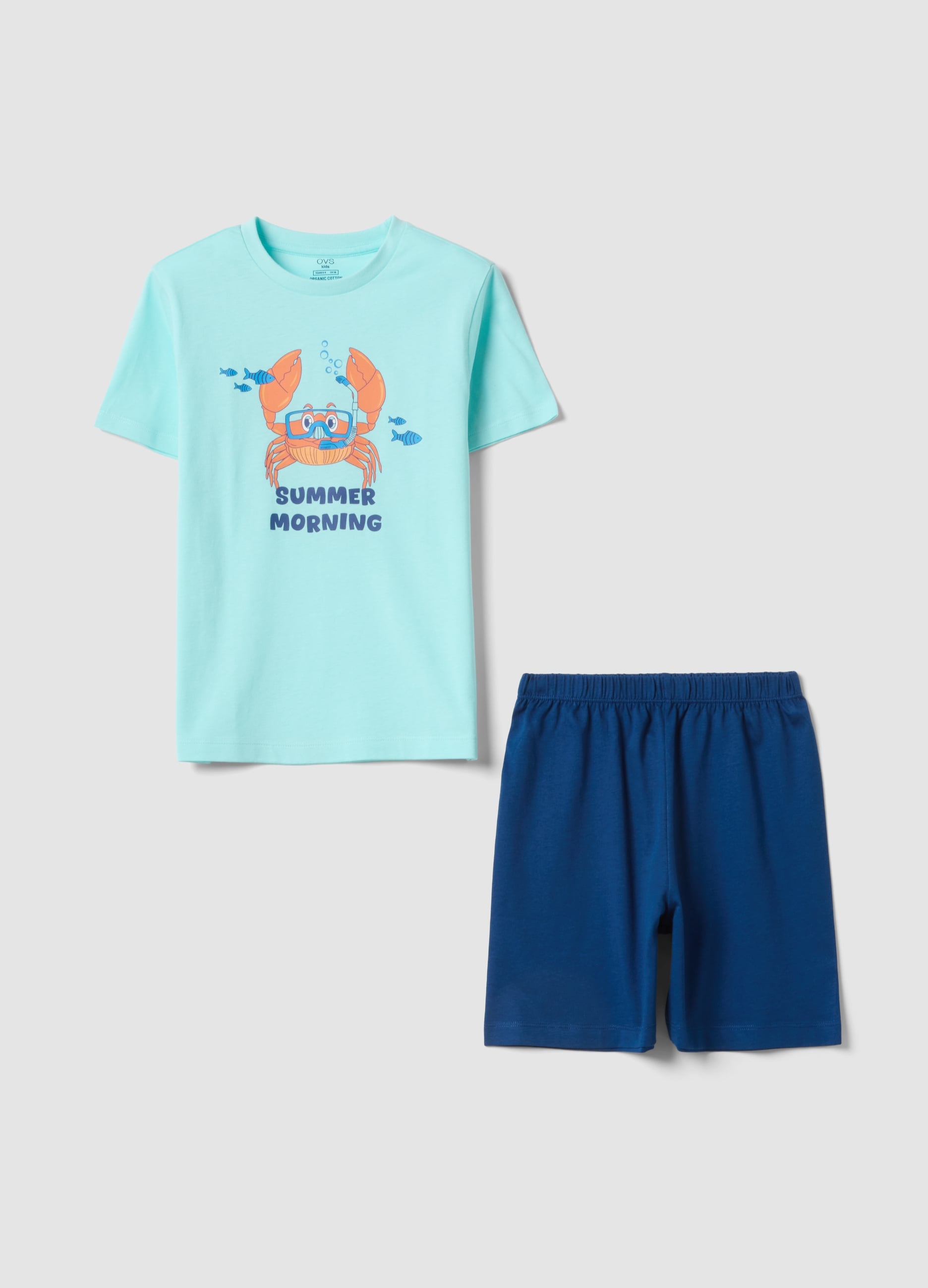 Pigiama Azzurro E Blu In Puro Cotone Da Bambino Con Stampa Granchio
