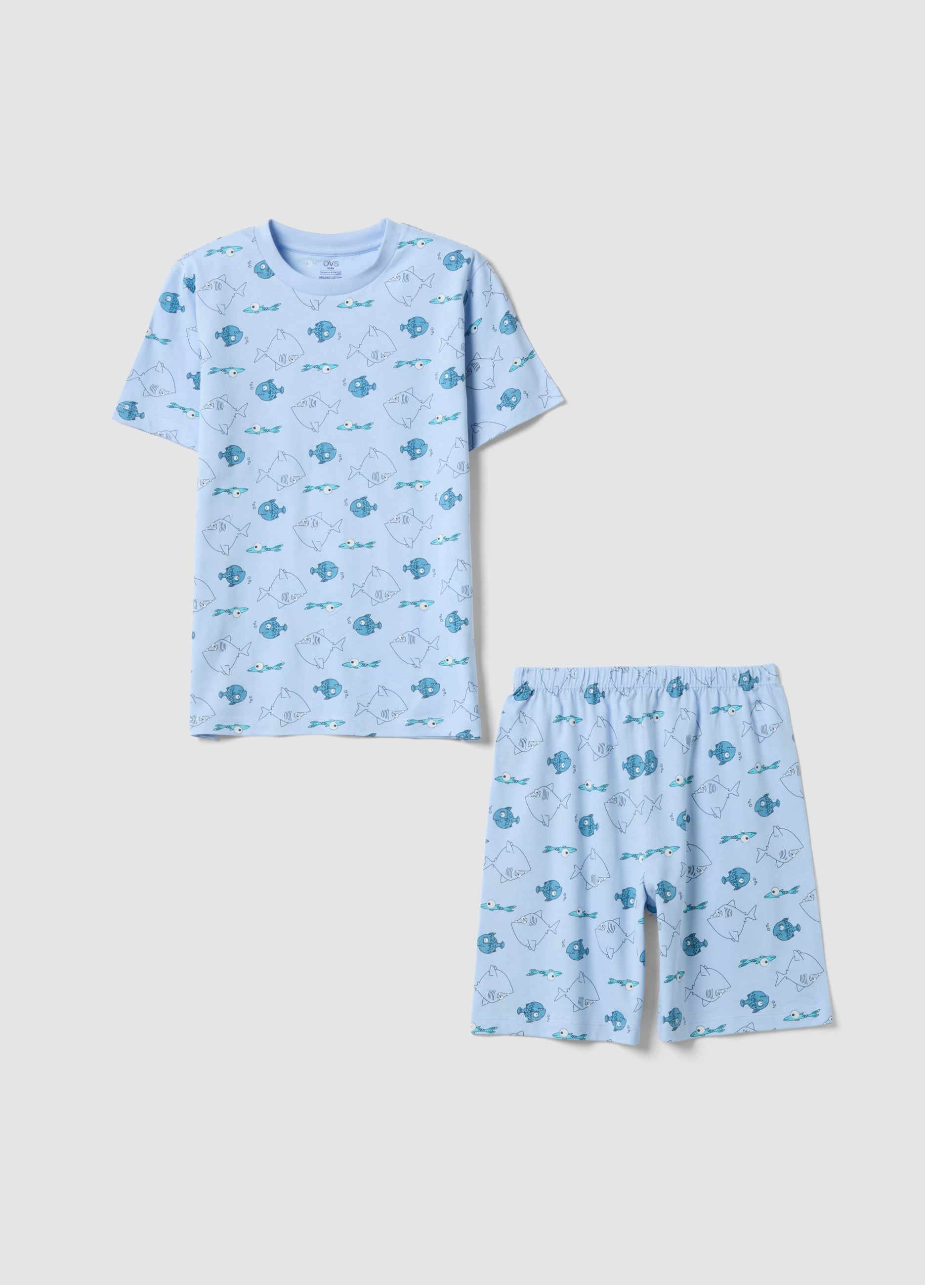 Pigiama Azzurro In Puro Cotone Organico Da Bambino Con Stampa Pesci