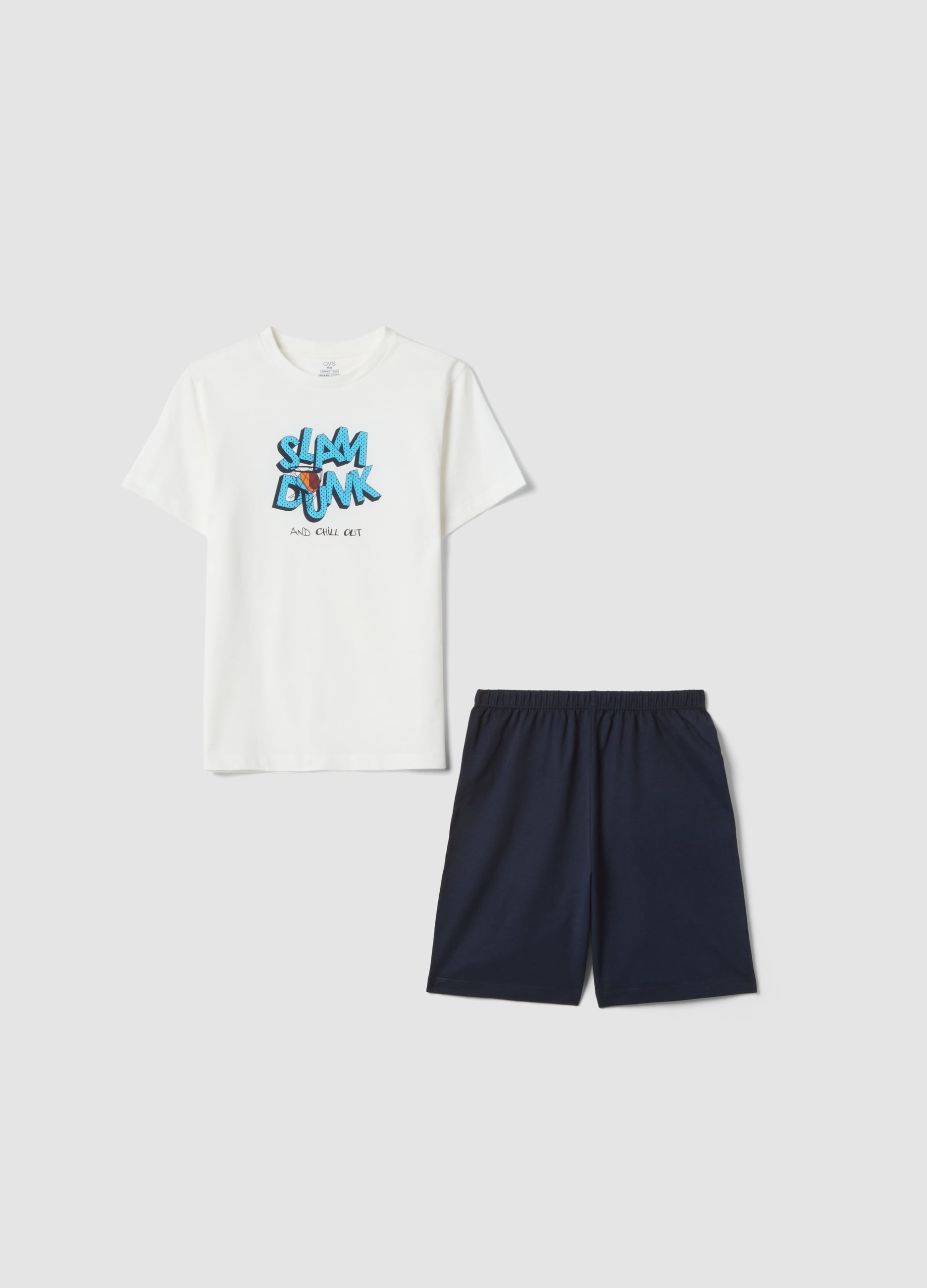 Pigiama Bianco In Puro Cotone Con Pantaloncini Blu Da Ragazzo