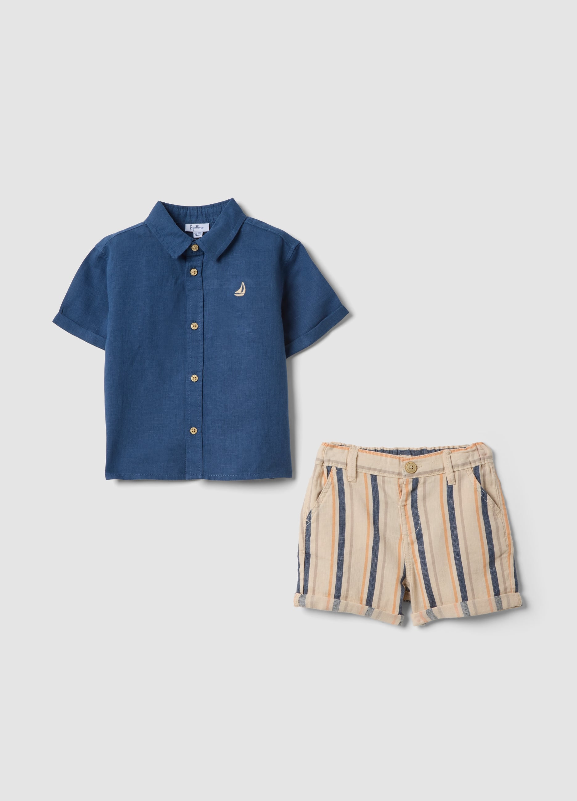 Completo Blu In Misto Lino E Cotone Con Camicia E Shorts Rigati Da Bimbo