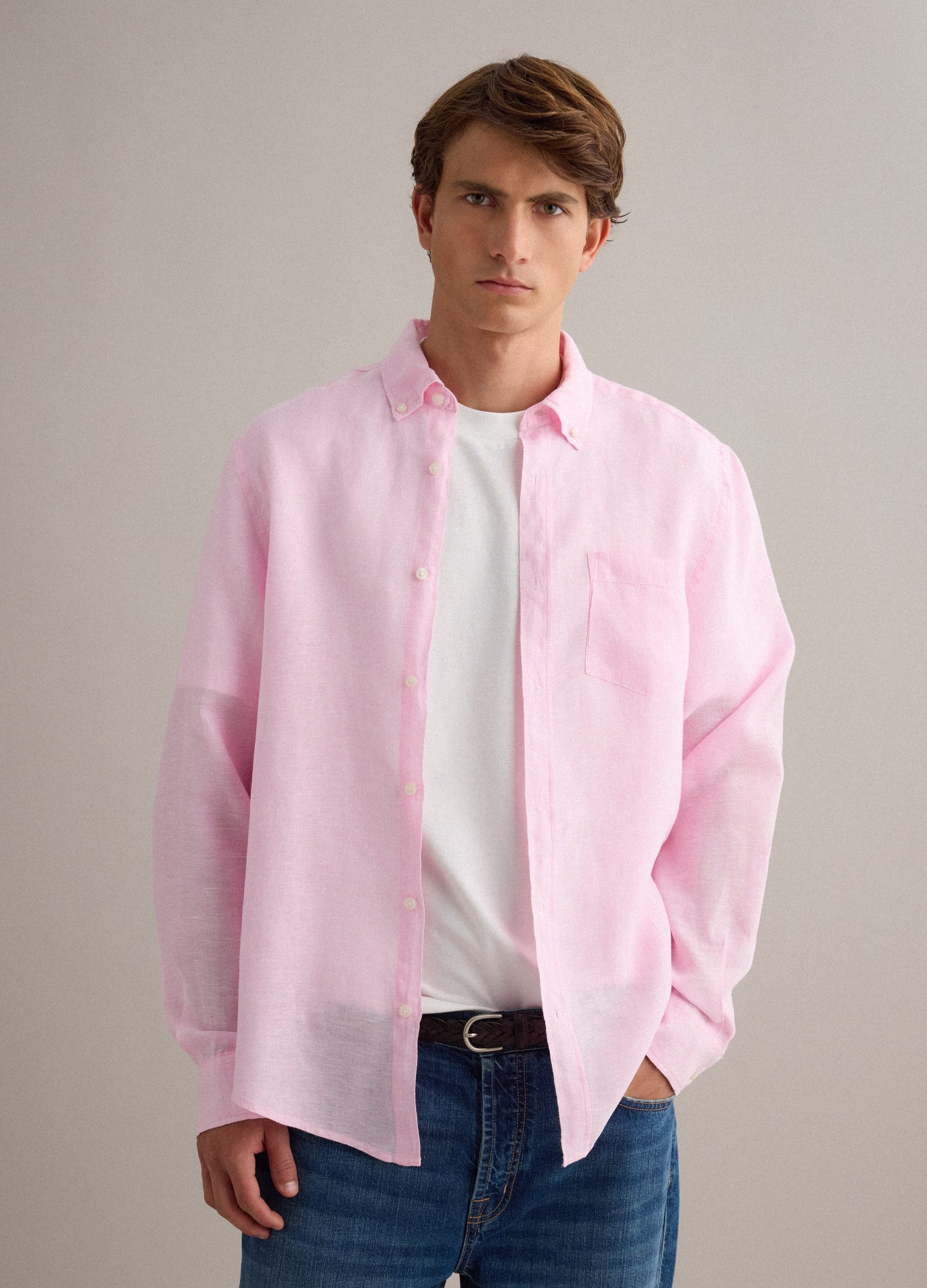 Camicia Rosa In Puro Lino Con Collo Button Down Regular Fit