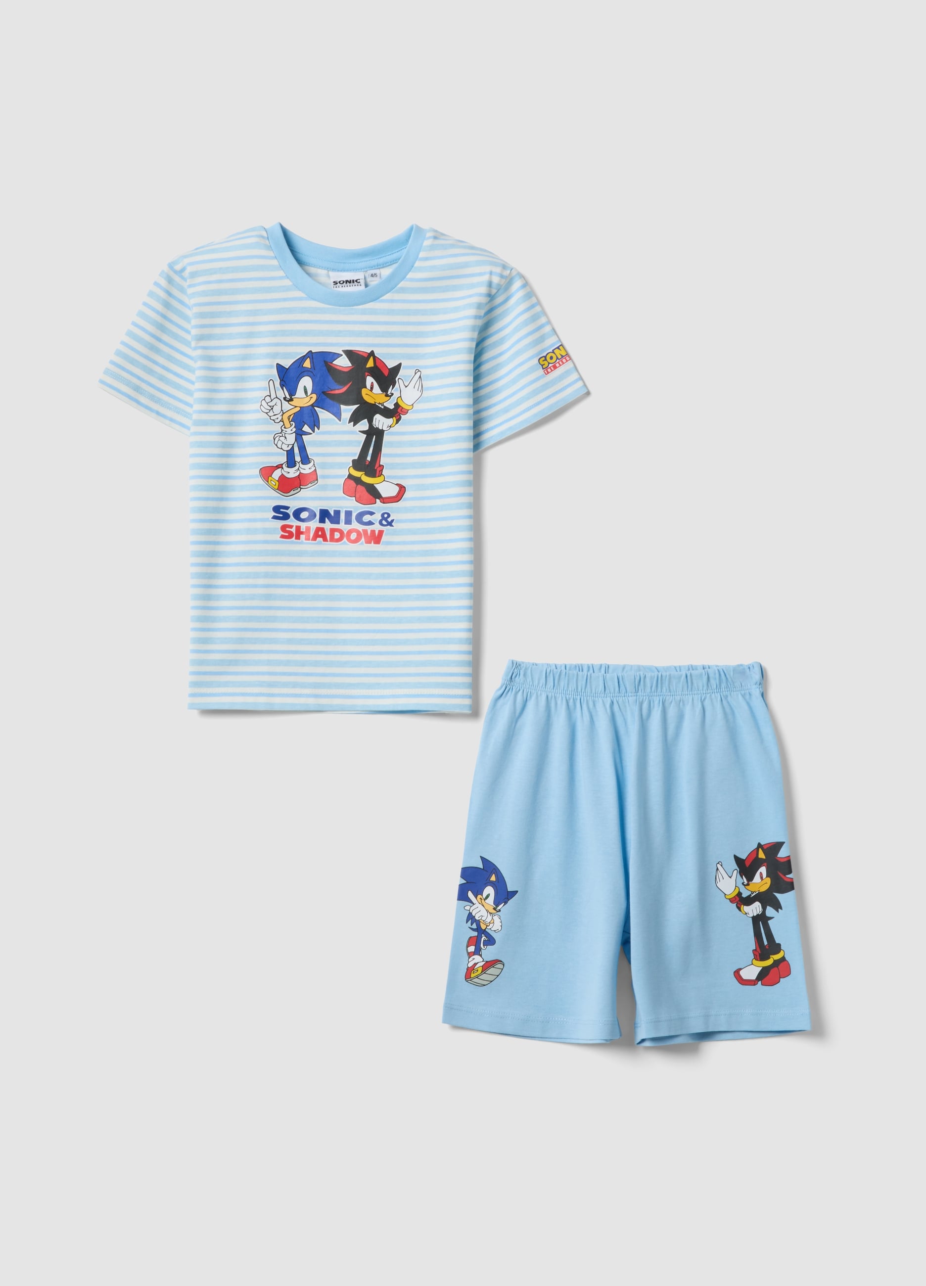Pigiama Corto Azzurro In Puro Cotone Da Bambino Con Stampe Sonic
