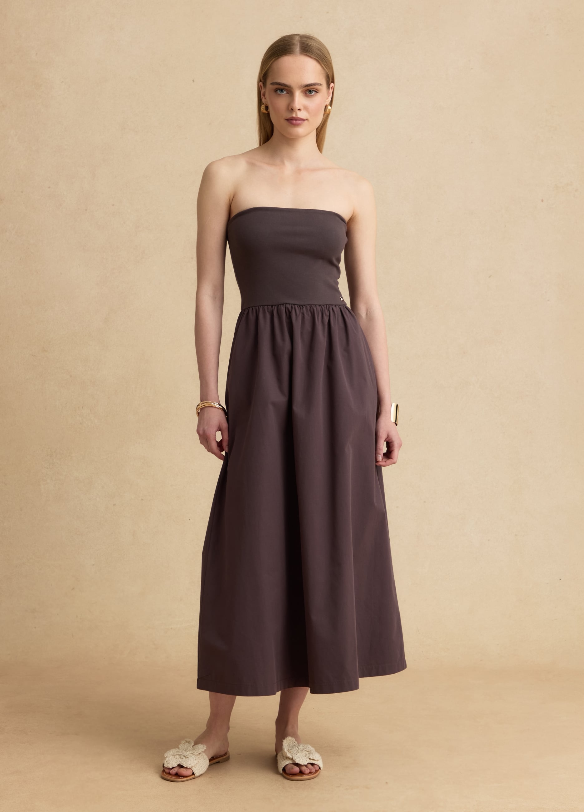 Abito Maxi Marrone In Cotone Elasticizzato Regular Fit Senza Spalline