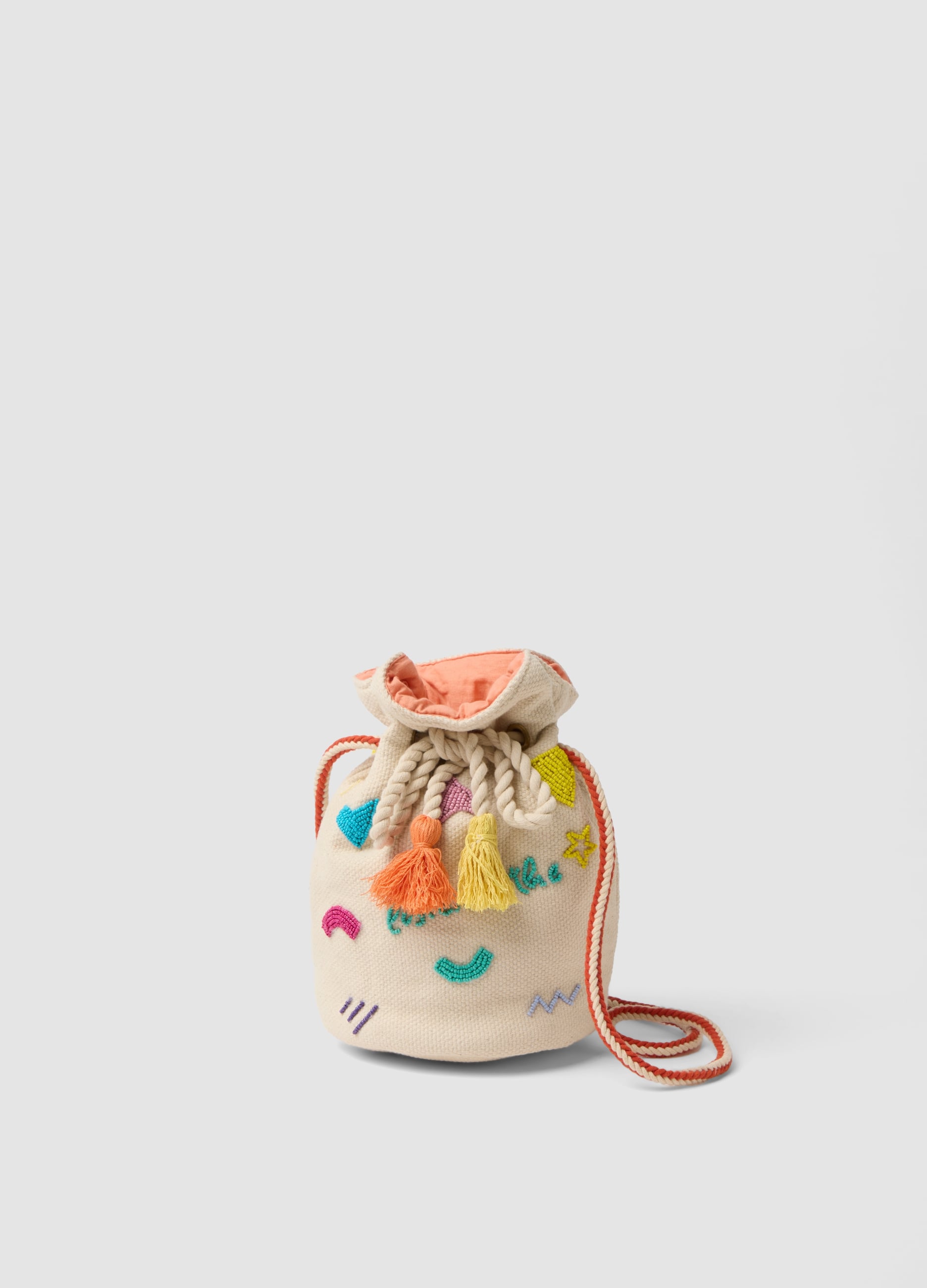 Borsa A Secchiello Bianca In Puro Cotone Con Dettagli Crochet Colorati