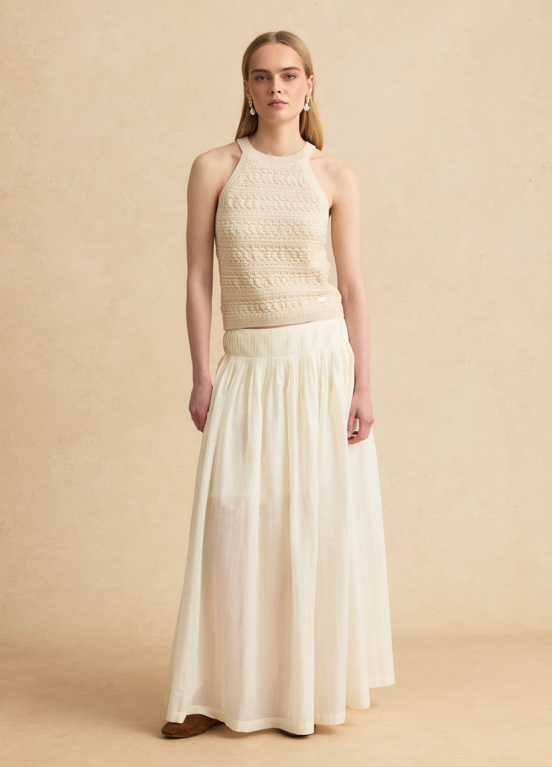 Gonna Midi Beige In Puro Cotone
